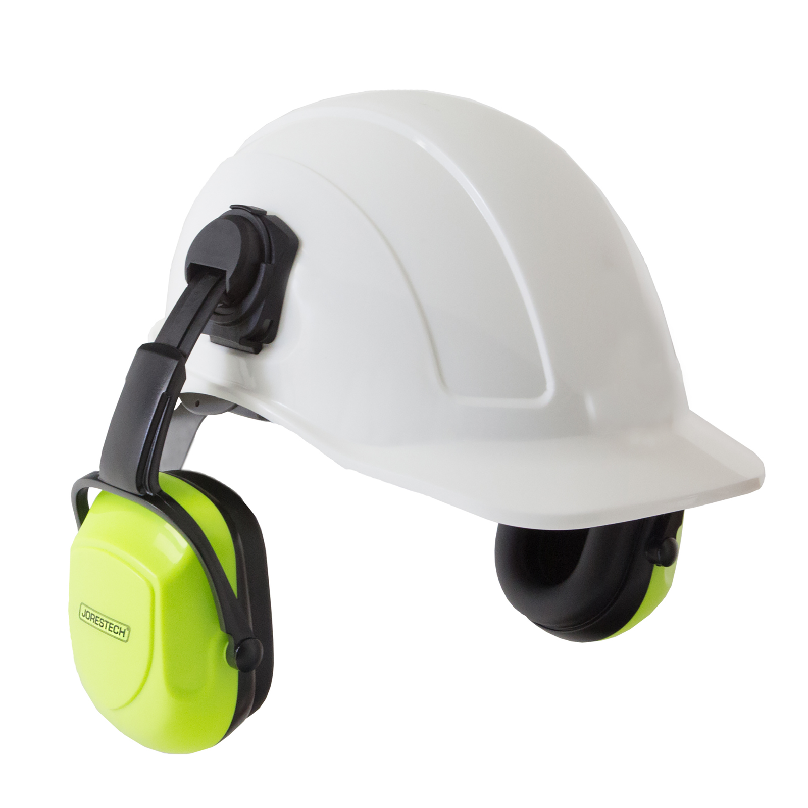 A white cap stile hard had with the lime and black JORESTECH ear muffs installed