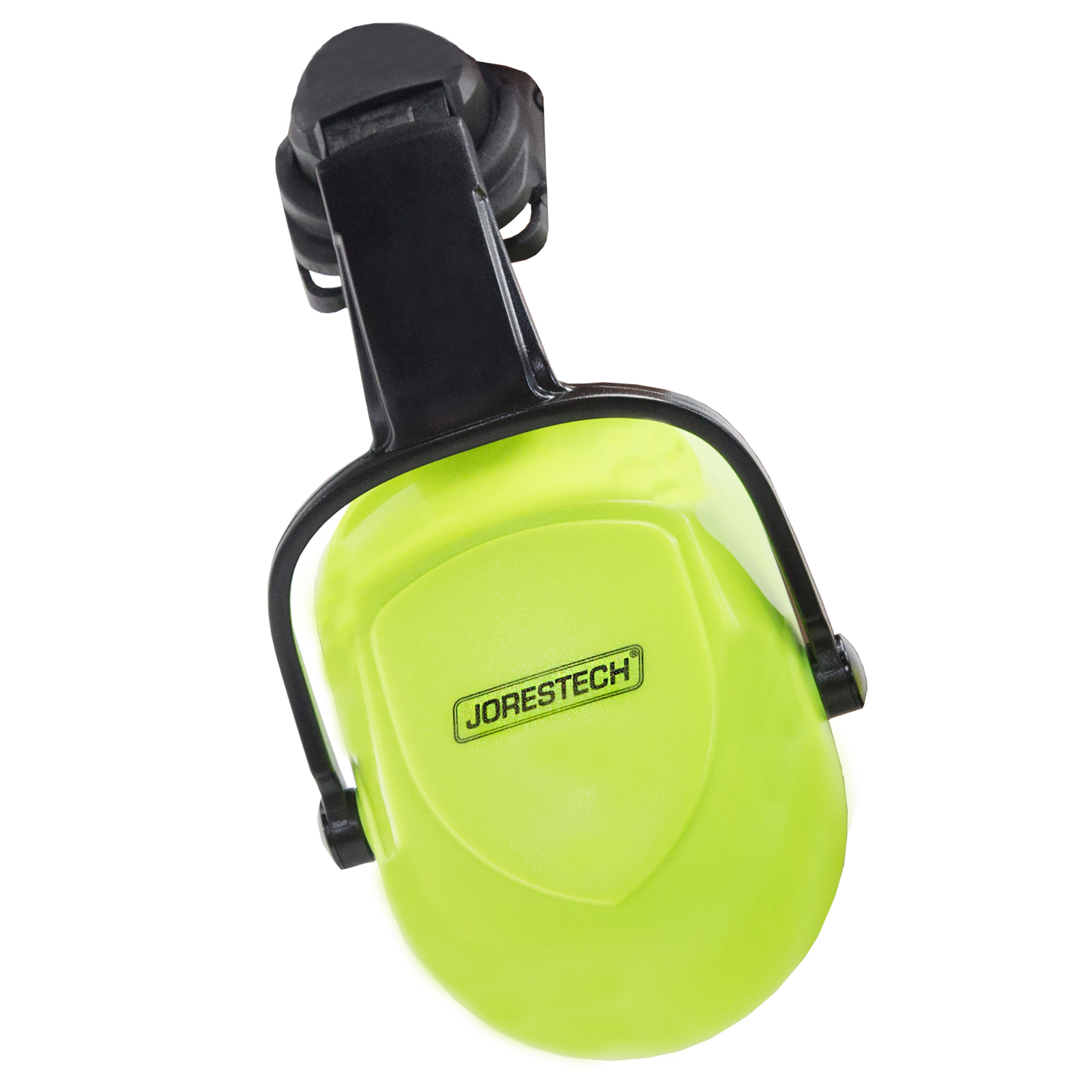 Outer lime cap of the JORESTECH® ear muffs for slotted hard hats over white background