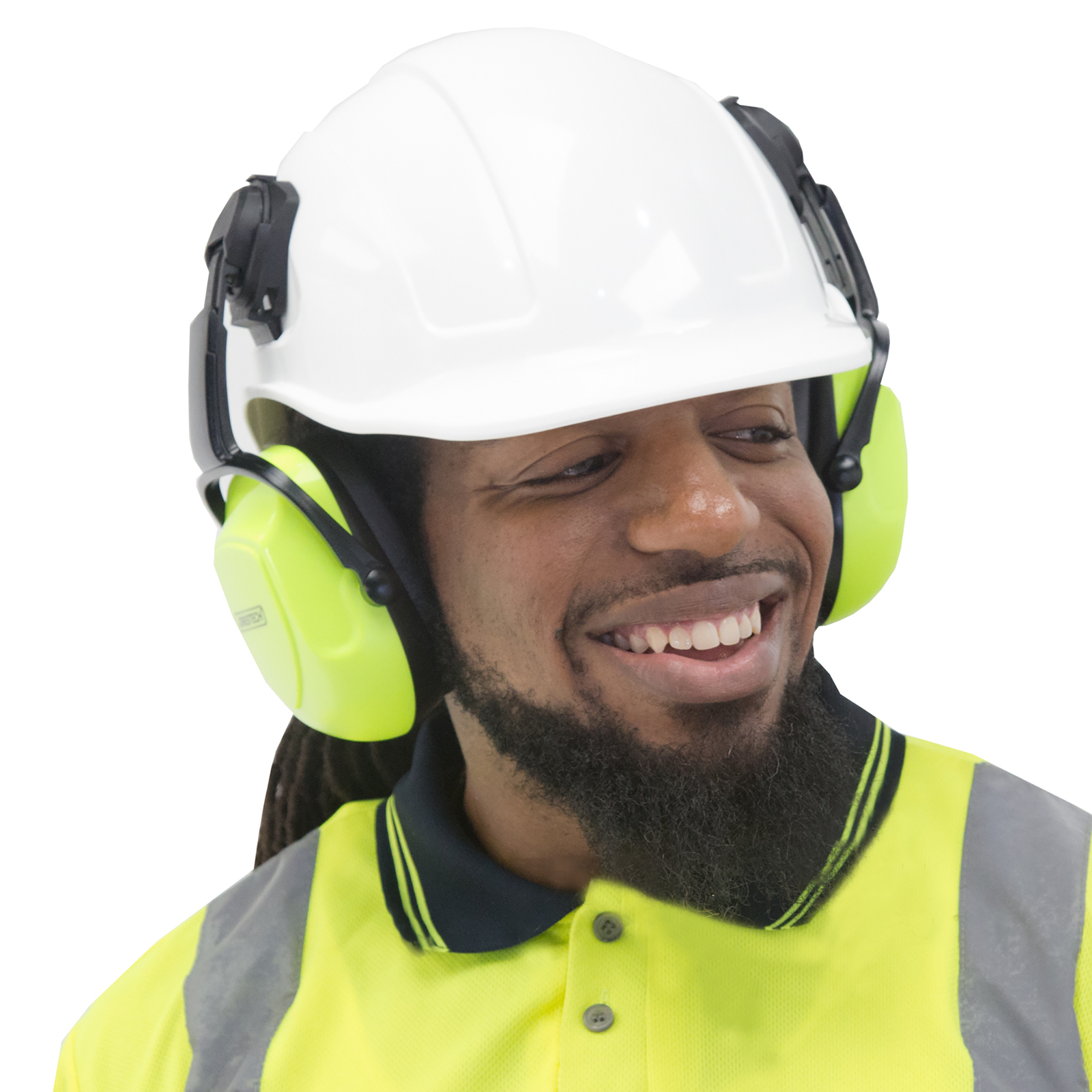 A worker smiling and wearing a white hard hat with JORESTECH ear muffs for hearing protection installed