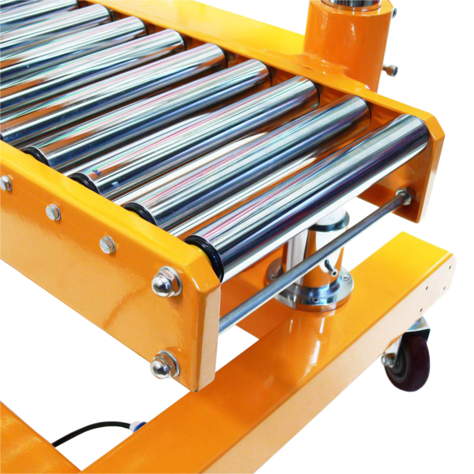 Detail of a foot impulse heat sealer with roller conveyor and swiveling breaking caster wheels.