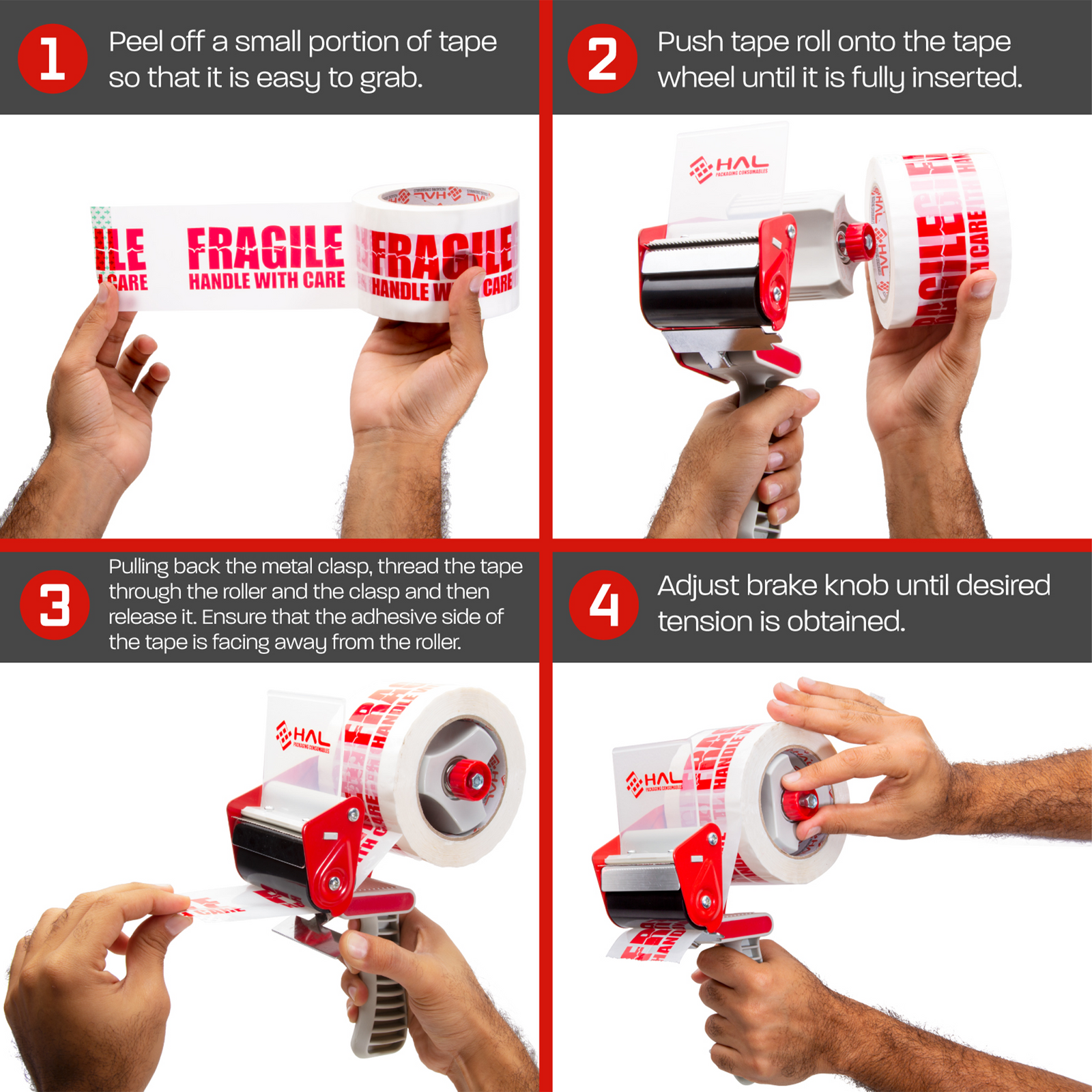 diagram showing four steps in grey on how to input roll of grey and red tape dispenser.