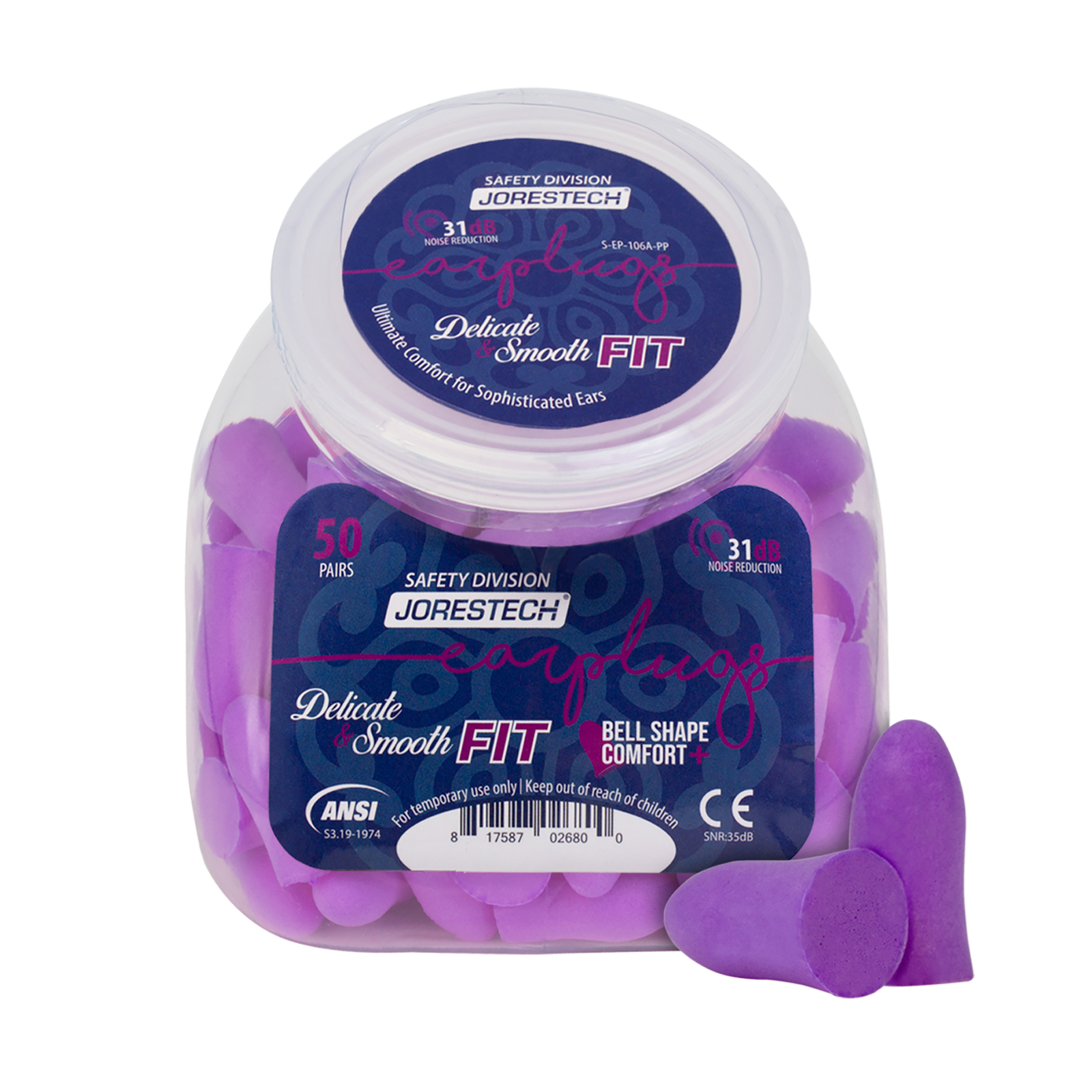 One transparent container filled with 50 pairs of purple JORESTECH ear plugs. 2 soft foam ear plugs are next to the container 