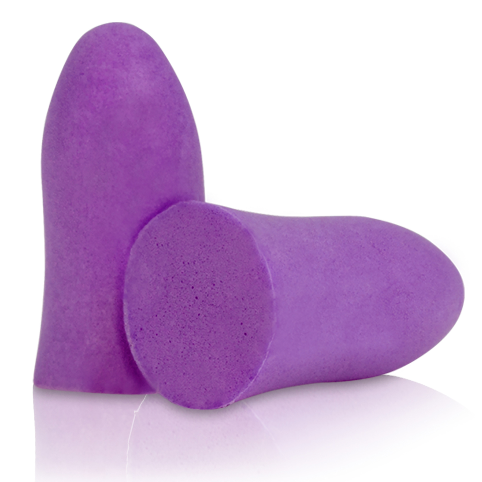 Close up of 2 ultra soft purple bell shape ear plugs 