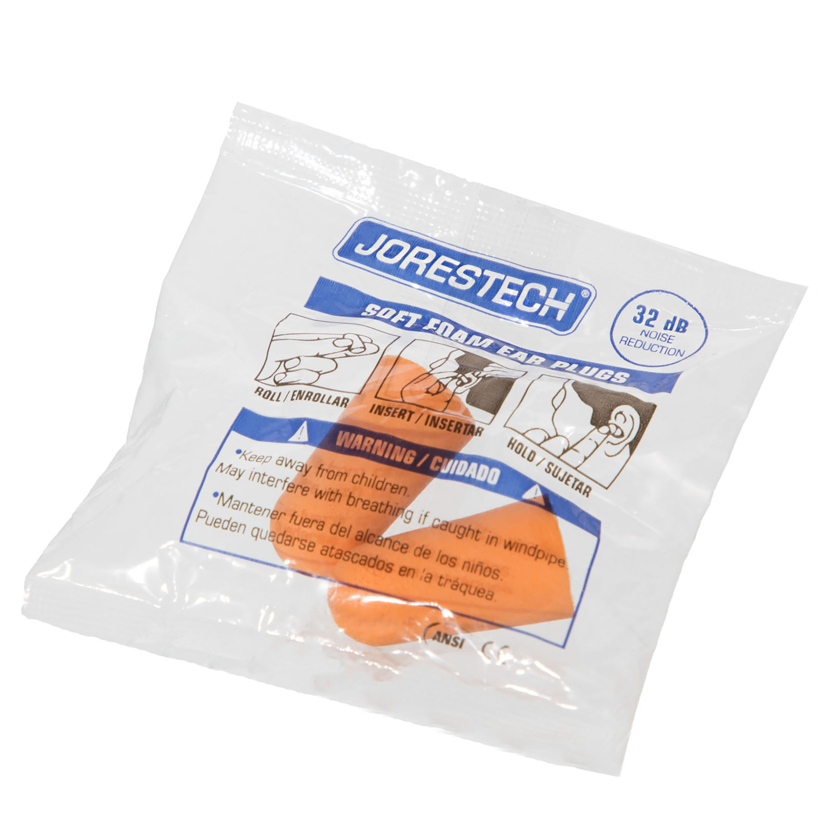 Close up show the packaging of one set of JORESTECH ear plugs. A clear bag is used which has instruction of how to use and also has warning instruction to keep away from children