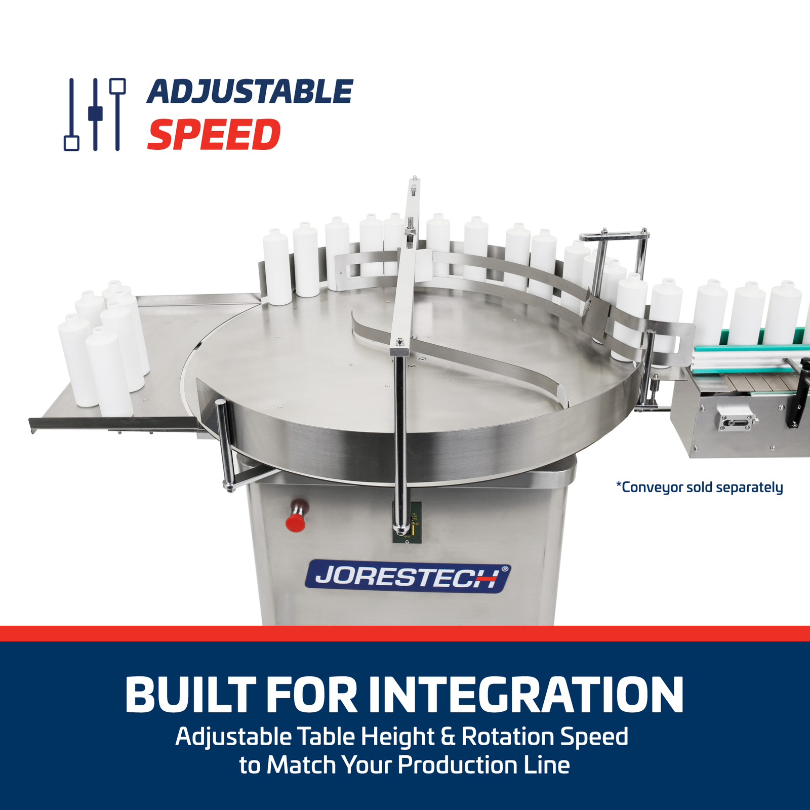 A JORES TECHNOLOGIES® accumulation table organizing a large number of white plastic bottles to enter in an orderly manner inside a motorized conveyor. Text reads: Built for integration adjustable table height and rotary speed to match your product line. Conveyor shown is sold separately.
