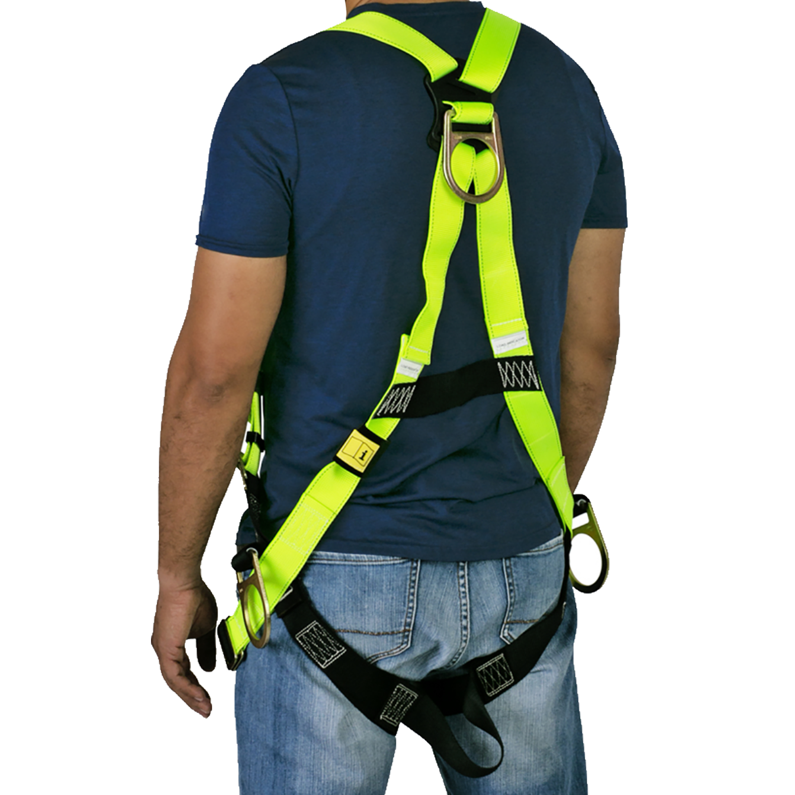 Person wearing the hi-vis yellow and black 3D fall protection safety body harness.
