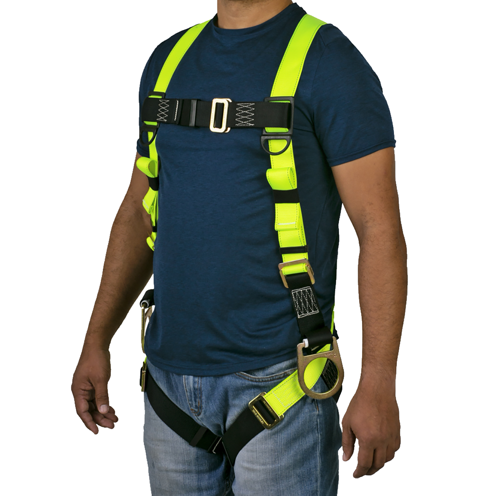 Front view of the torso of a person wearing the hi-vis yellow and black 3D fall protection safety body JORESTECH harness over white background