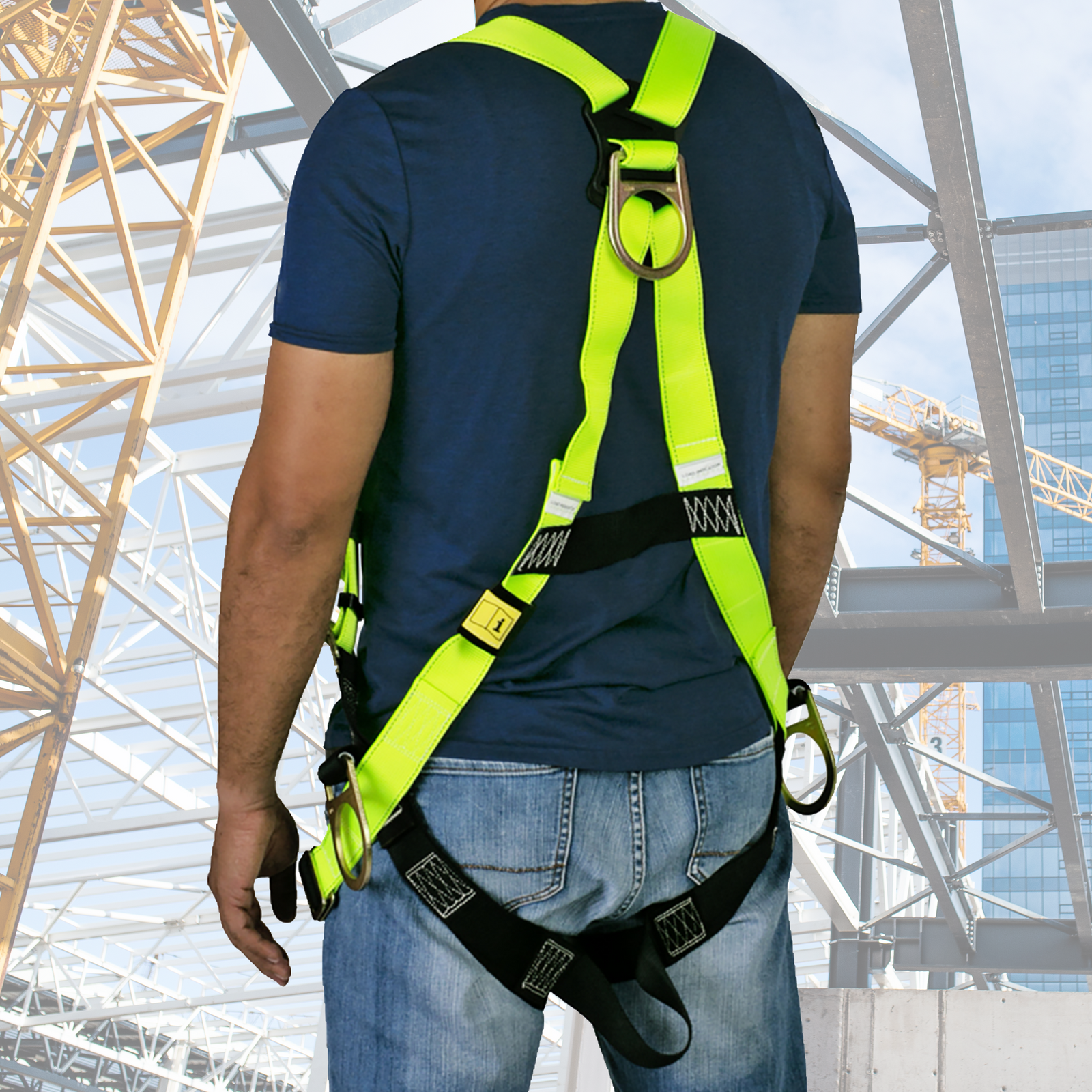  Man wearing the Jorestech hi vis lime 3d fall protection safety body harness in a construction site