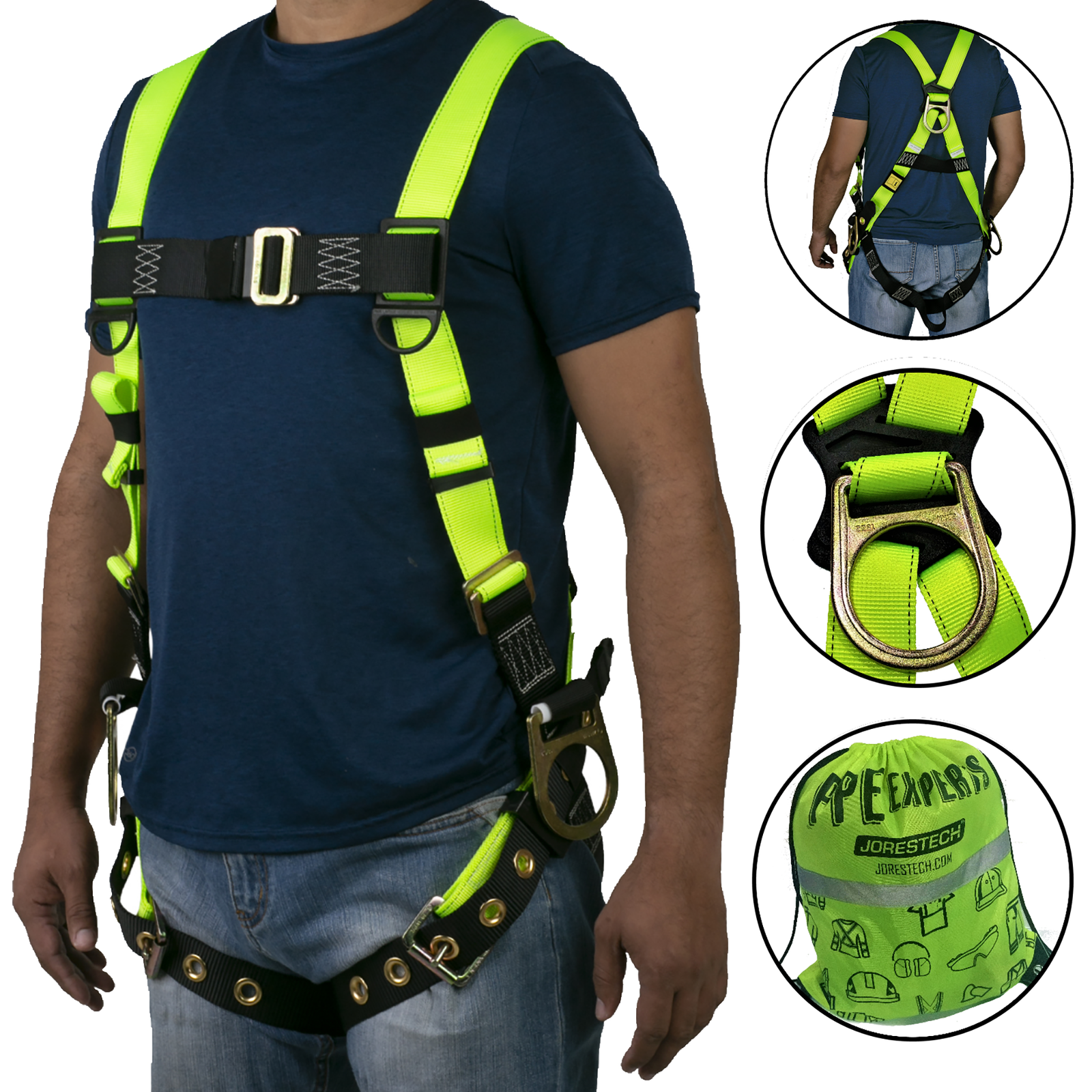 Torso of a person wearing the 3D fall protection safety body JORESTECH harness with grommets. Also features the back view of the same person wearing the harness with 3 D rings,  a close up of each D ring and the hi-vis lime carry bag that is included to carry the harness