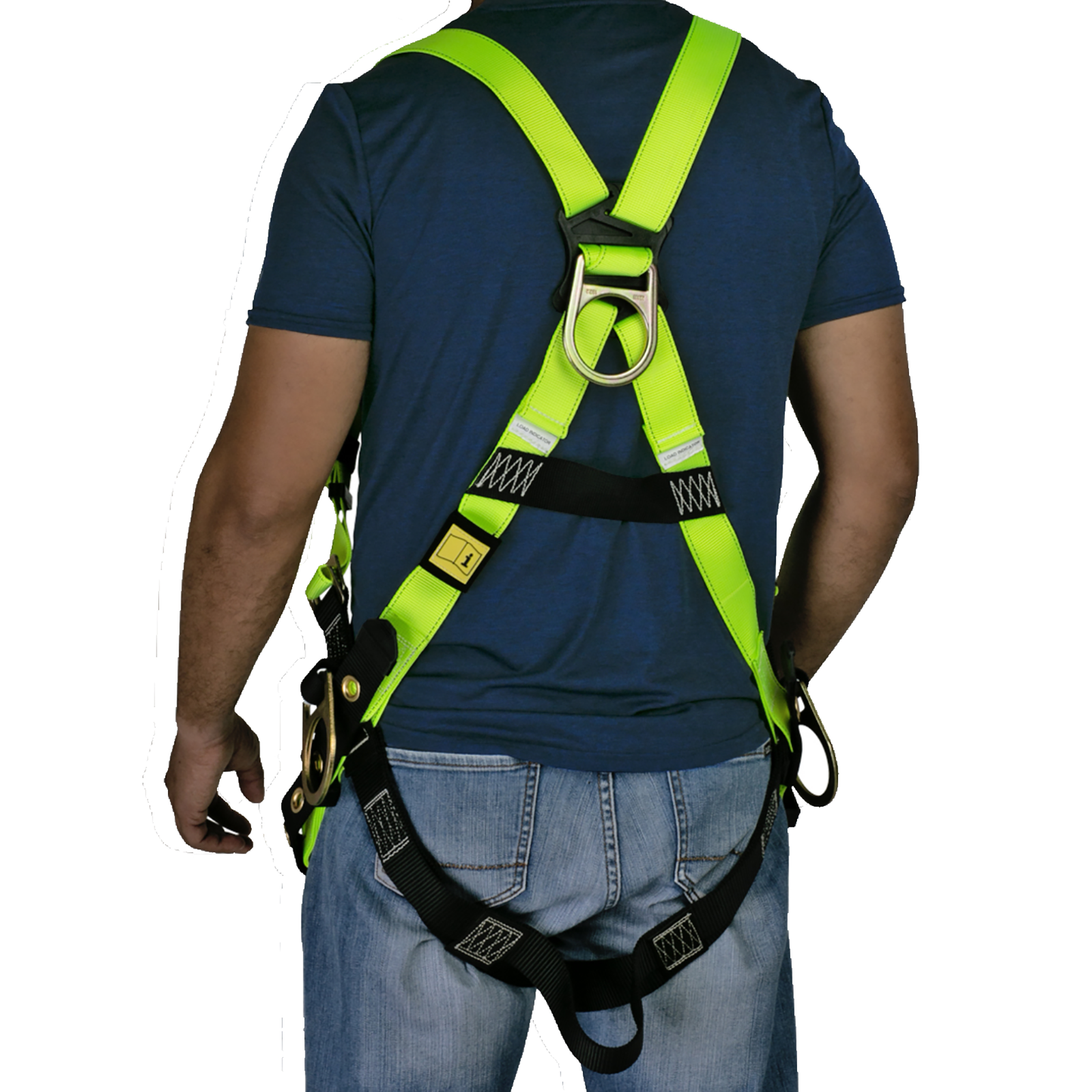 A person wearing the 3D fall protection safety body JORESTECH harness with grommets.  All 3 heavy duty metal D are visible. One is located in the middle of the persons back and the other two are on left and right side of the persons at hip level.