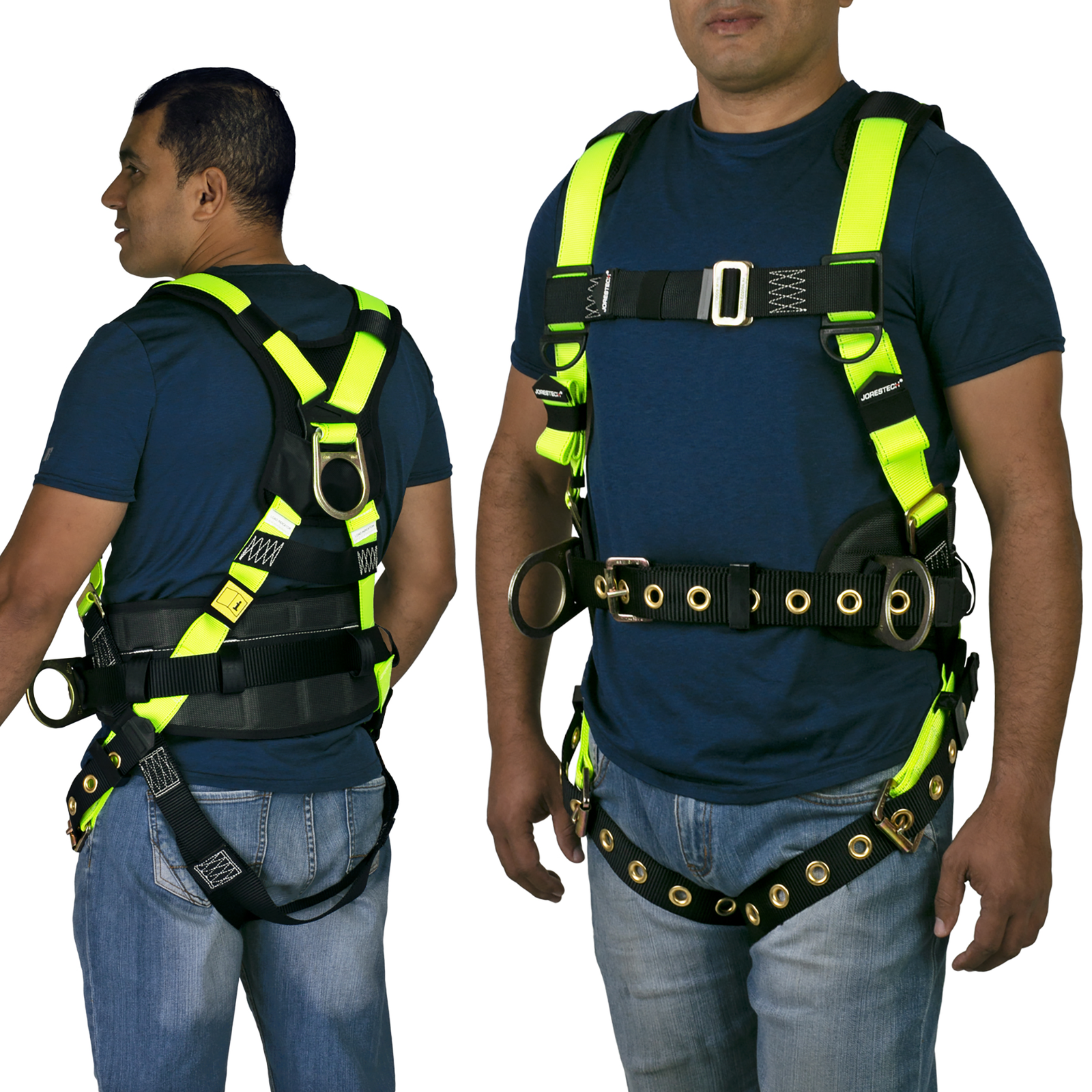 Front and back view of a person wearing the hi-vis yellow and black 3D fall protection safety body JORESTECH harness with grommets and back supports padding