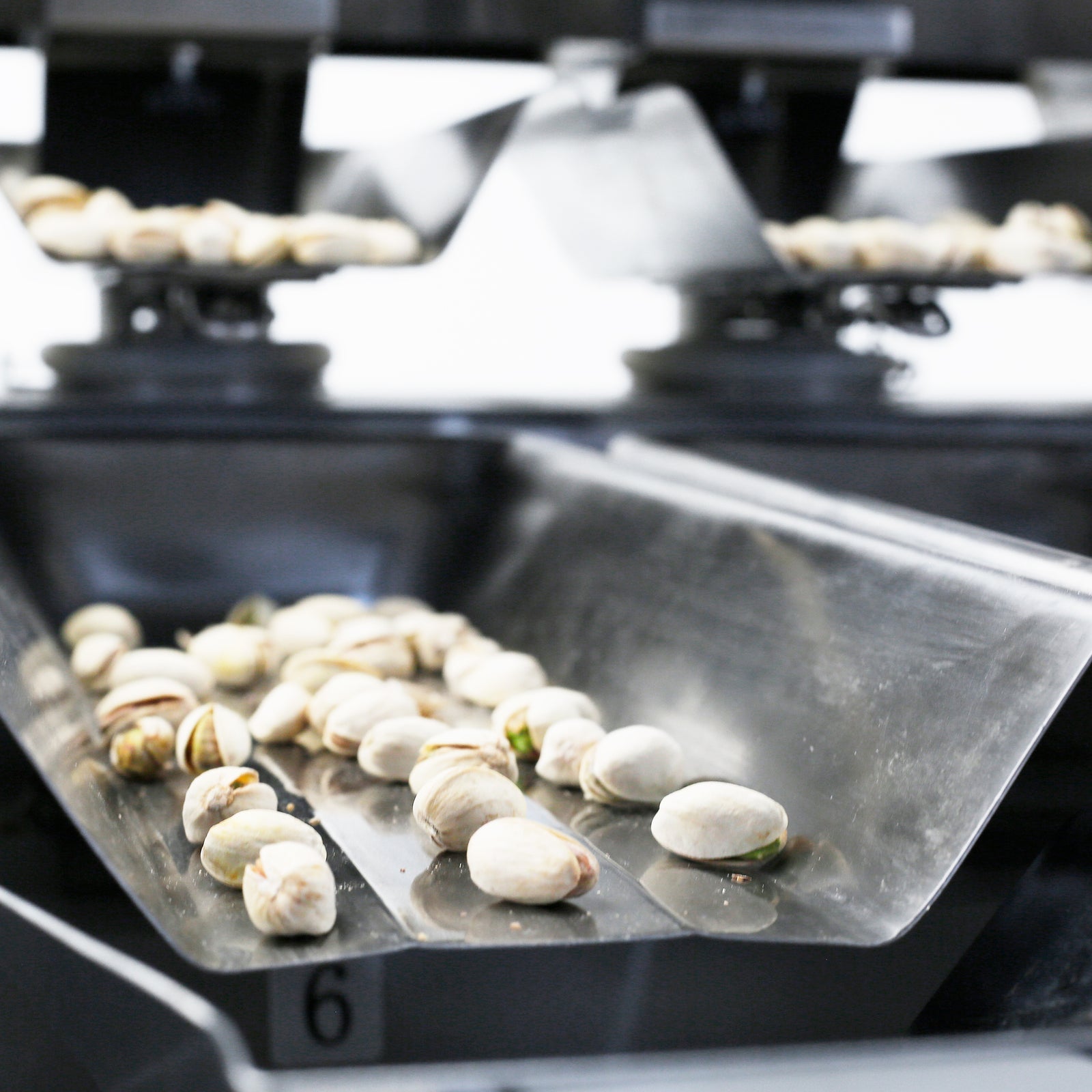 closeup of the JORES TECHNOLOGIES® linear weigher dispensing pistachios