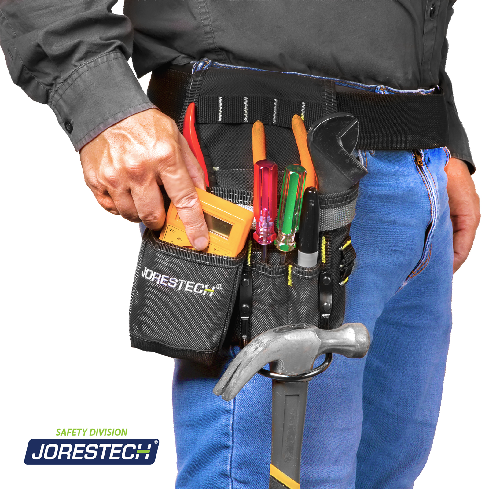 A workers waist wearing a 5 Pocket Tool Belt Pouch with Hammer Holder filled with many tools of different kind and a large hammer in the hammer loop