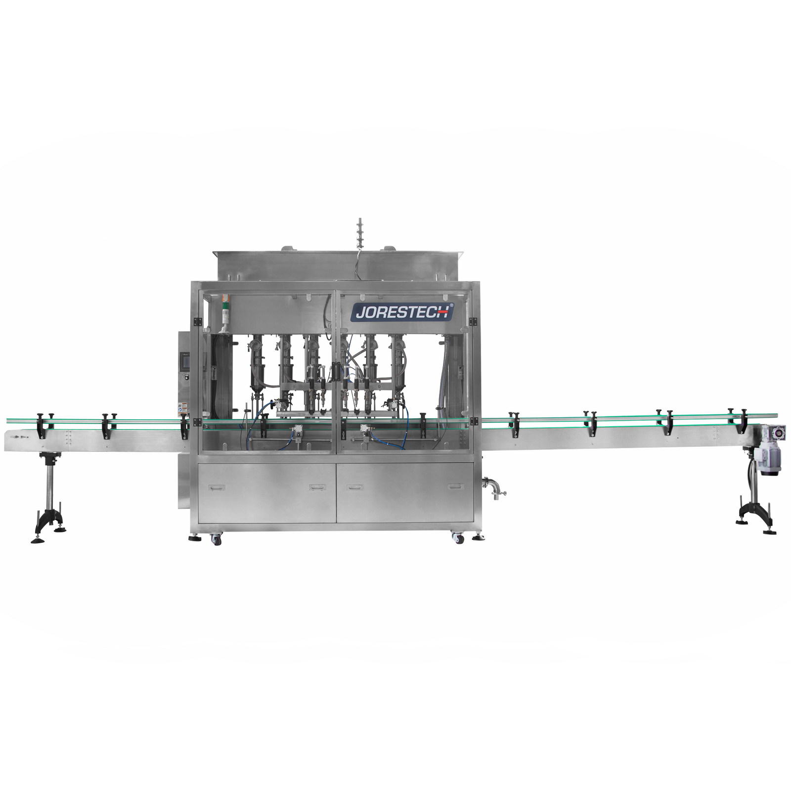 JORES TECHNOLOGIES® high precision 6 head inline piston filling machine with conveyor 