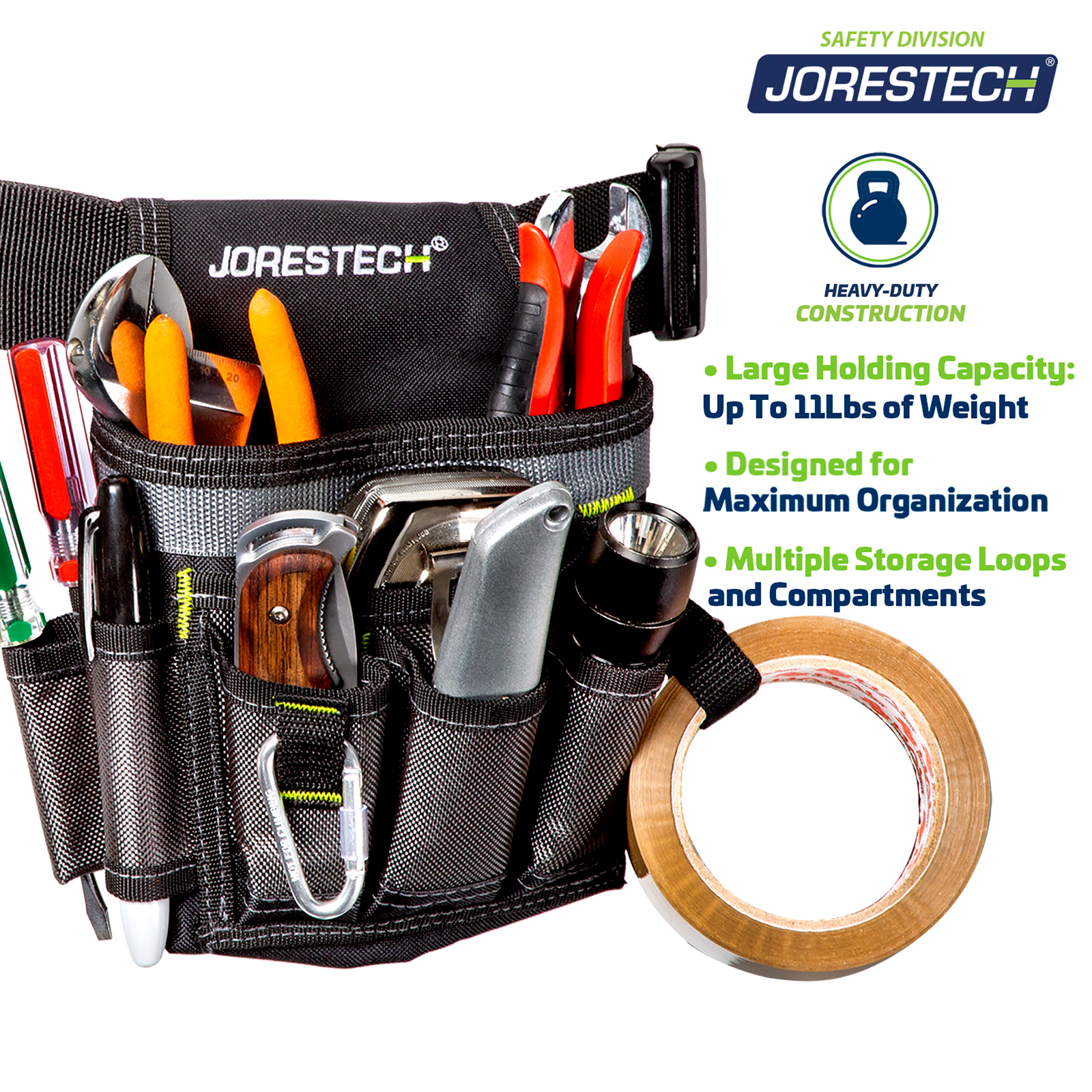 Diagonal view of the 6 pocket tool belt pouch filled with many tool. Text reads: heavy duty construction, large holding capacity up to 11lbs of weight. designed for maximum organization. multiple storage loops and compartments.