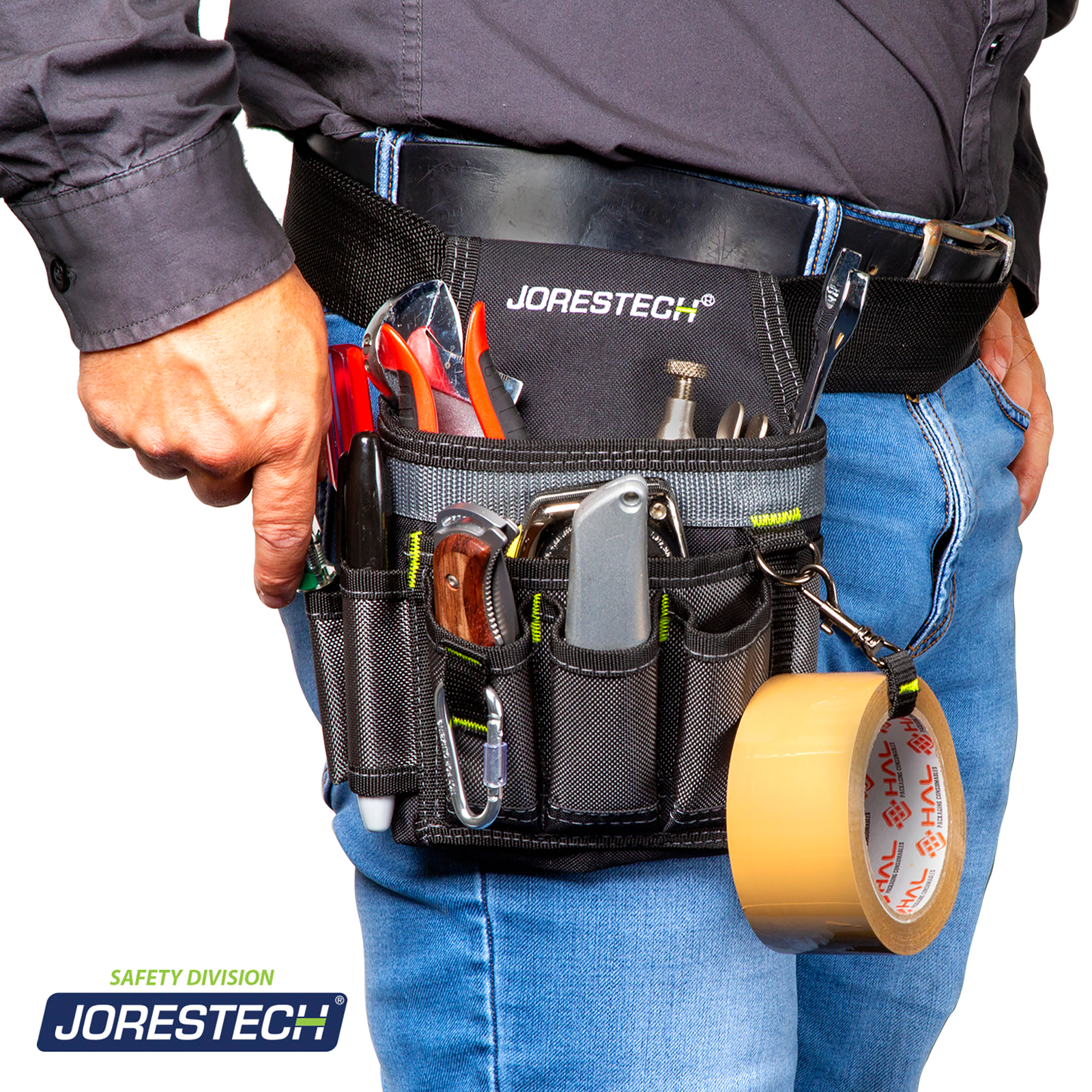 A worker's waist wearing the JORESTECH 6 Pocket Tool Belt Pouch  filled with many tools.