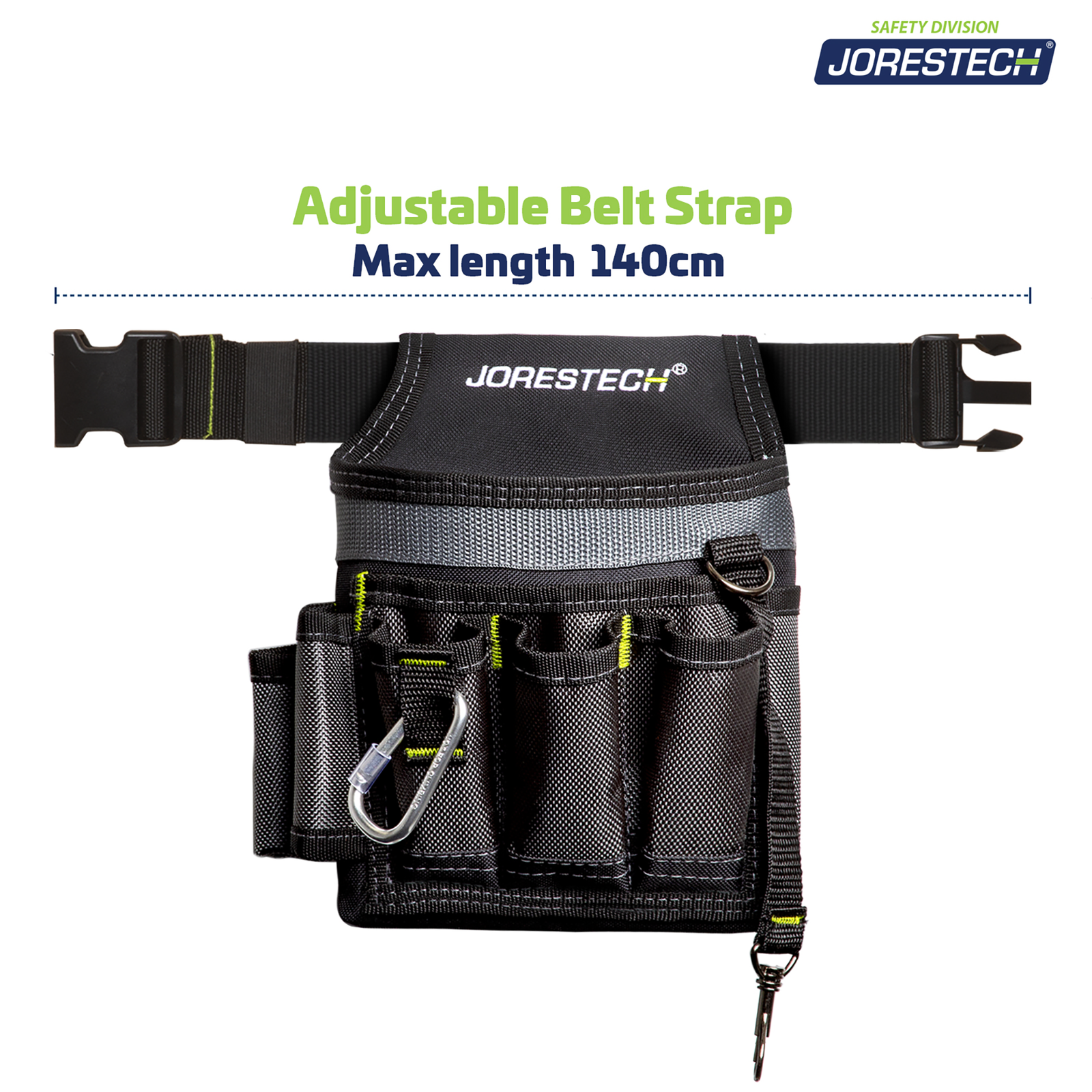 Front view of the 6 Pocket Tool Belt Pouch with the waist band open to show measurements. Text reads: adjustable belt strap max length 140 cm