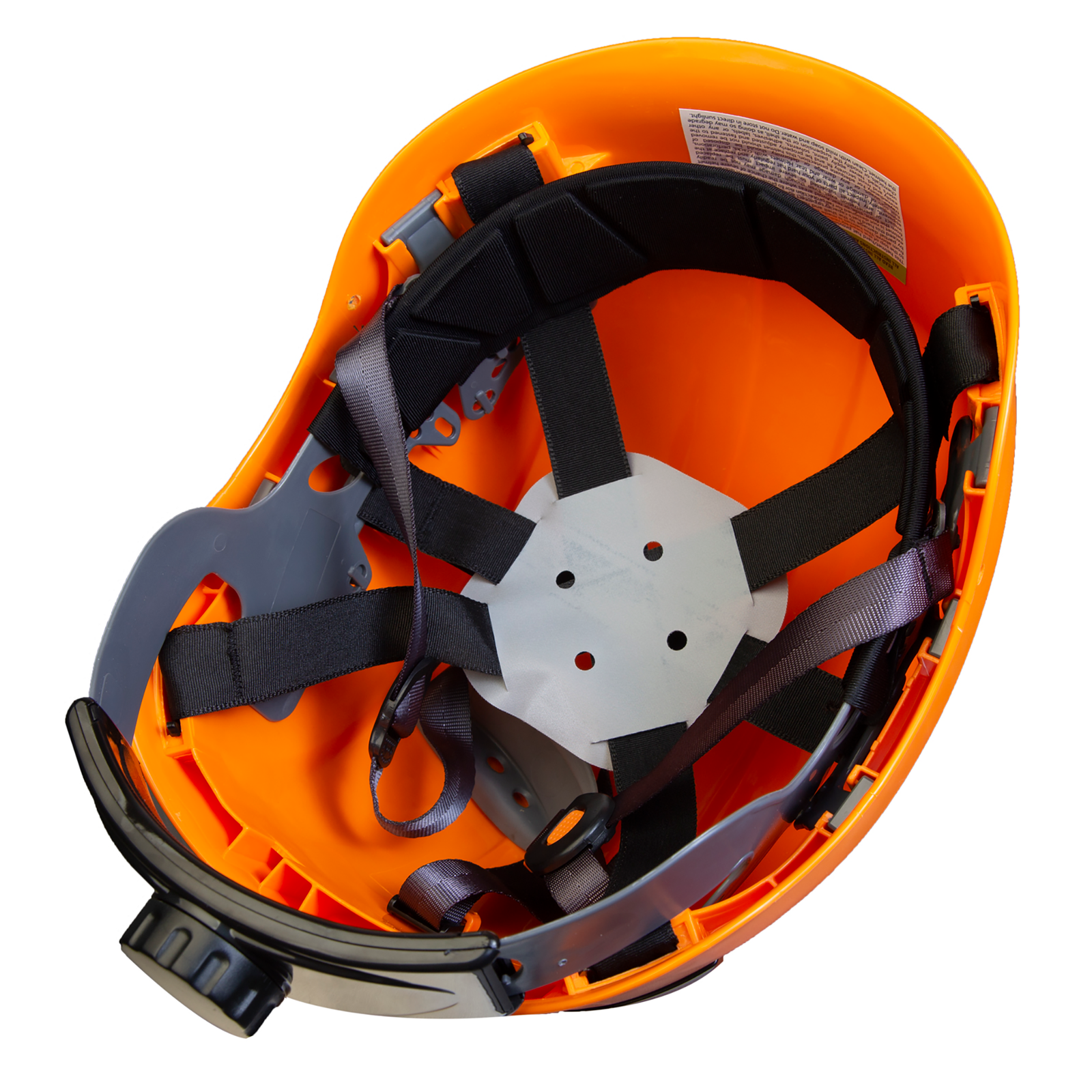 An orange JORESTECH hard hat 03 with a 6 point suspension harness installed 