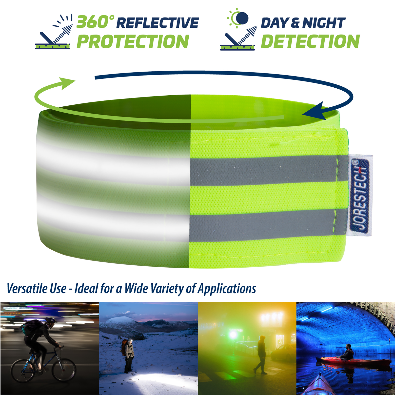 Banner compares the JORESTECH high vis reflective band's reflection during day and night time. Yellow gets brighter during day time and reflective gets more intense during night time. Text reads: versatile use, ideal for a wide variety of applications