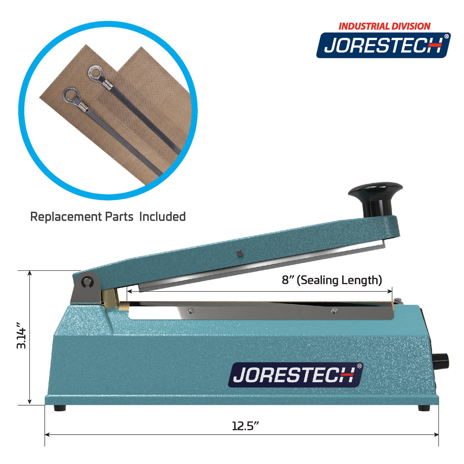 Infographic shows blue JORES TECHNOLOGIES® manual impulse sealer with machine measurements. Highlighted feature reads 