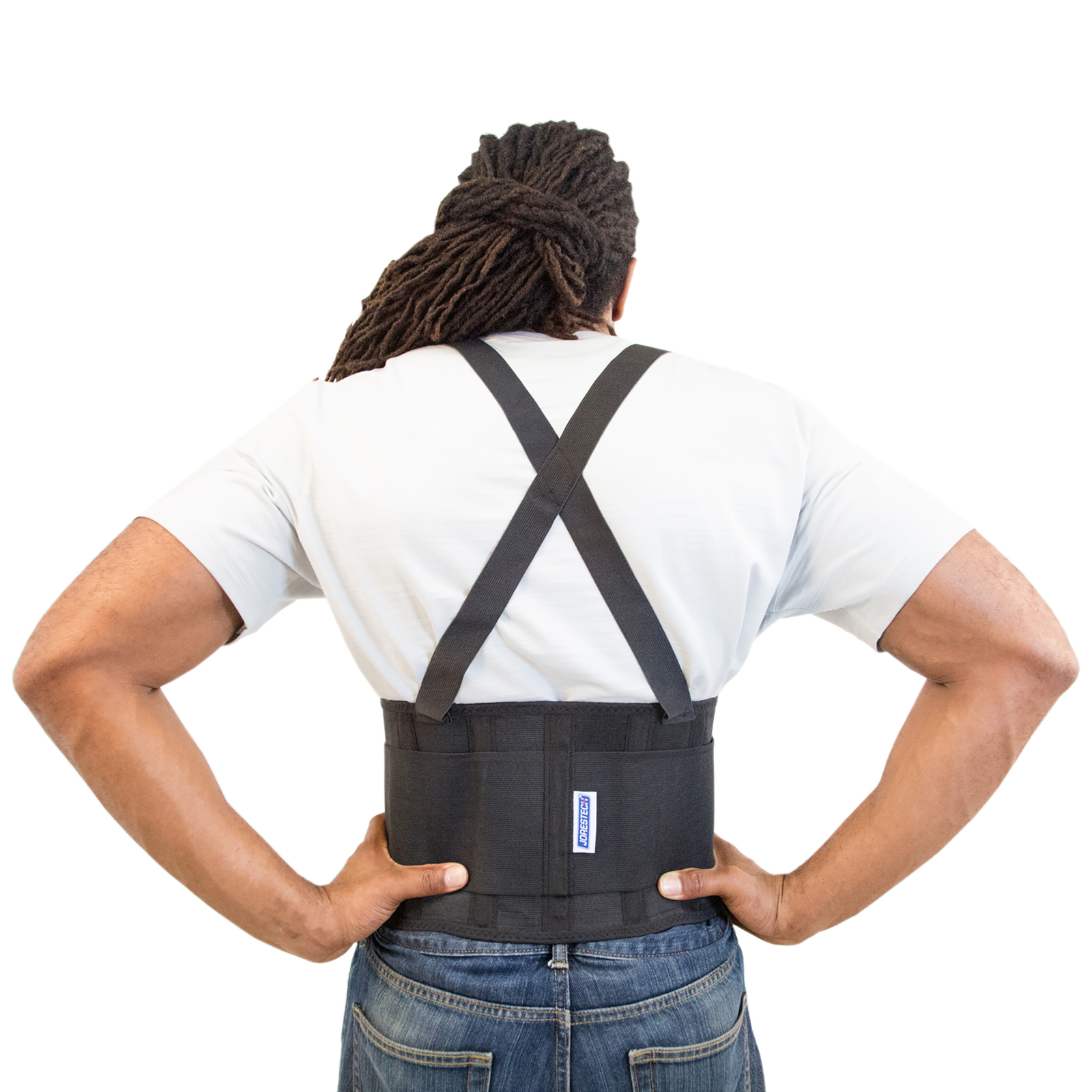 Back view of a man wearing a black JORESTECH back support belt for lumbar support with adjustable straps