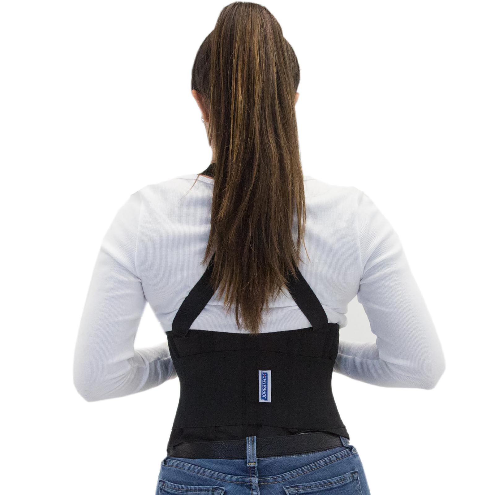 Back view of a lady wearing the JORESTECH black back support belt for lumbar protection with suspenders. 