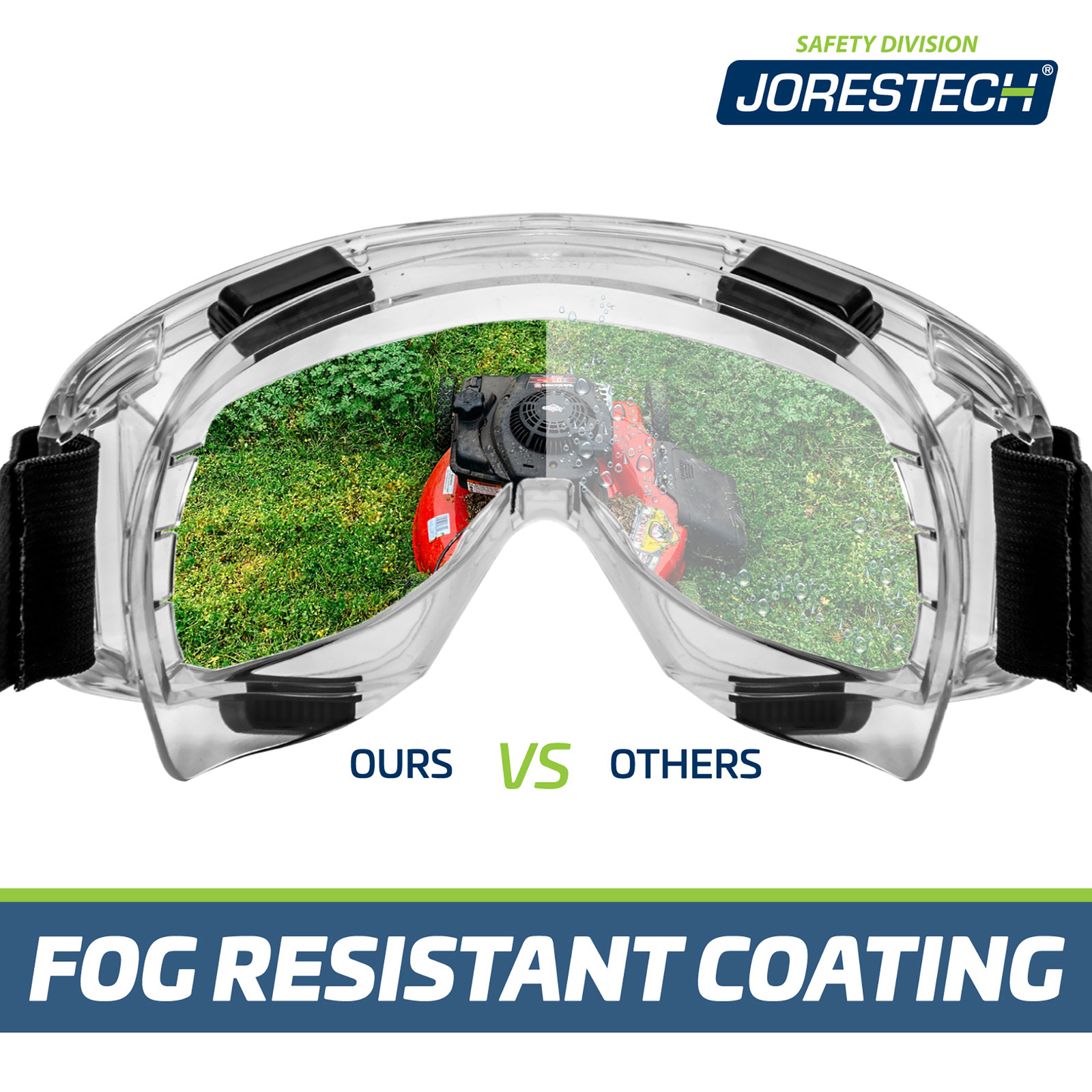 Features 2 side of the goggles to make a comparison of the JORESTECH goggles versus the others. The right side part of the goggle is crisp clear. The left side is foggy and blur. Text reads: Ours vs Others. Ours with fog resistant coating.