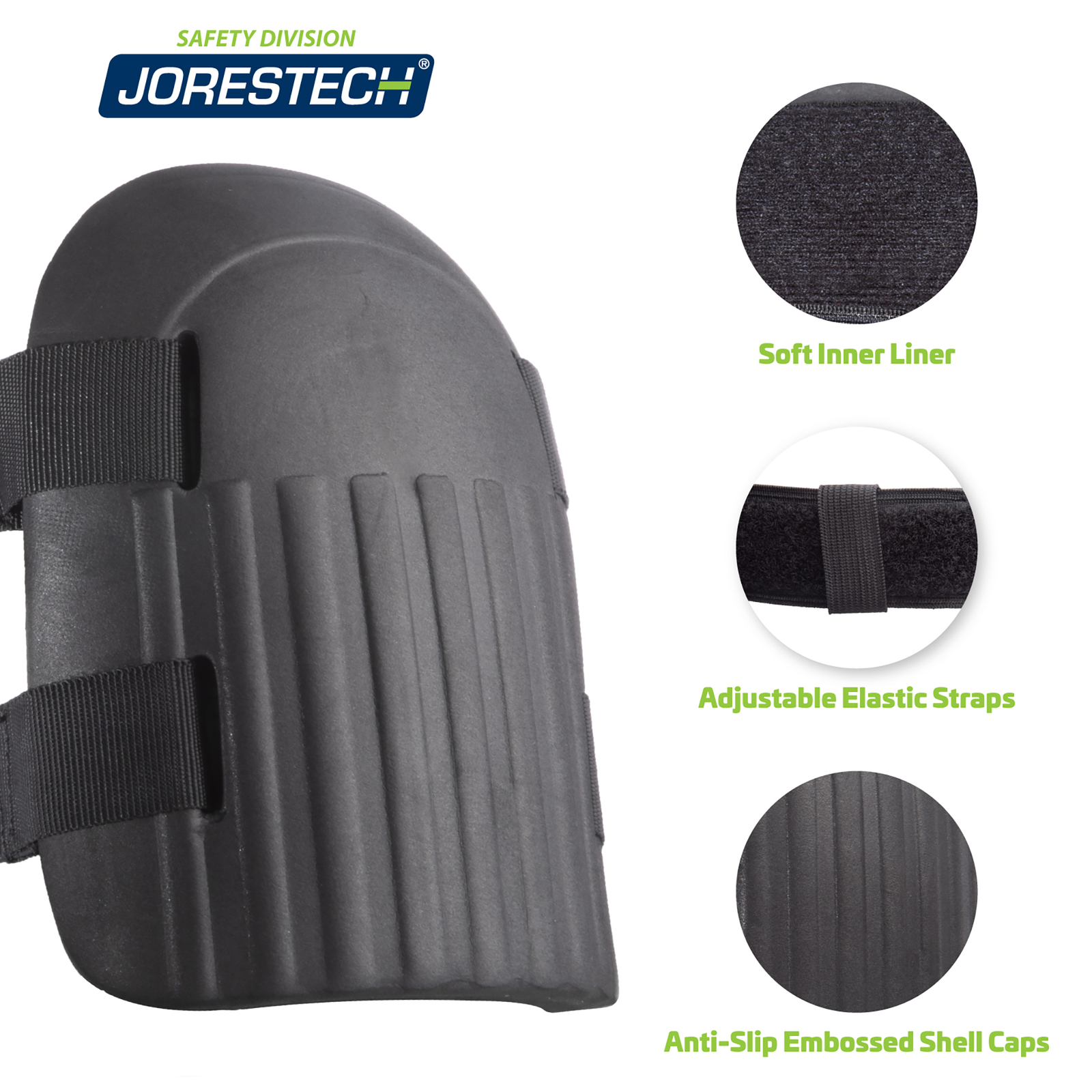 Close up of the JORESTECH® anti-skid foam knee pads and 3 call out describing: soft inner liner, adjustable elastic strap, and anti-slip embossed shell caps. Image of the foam knee pad and its parts