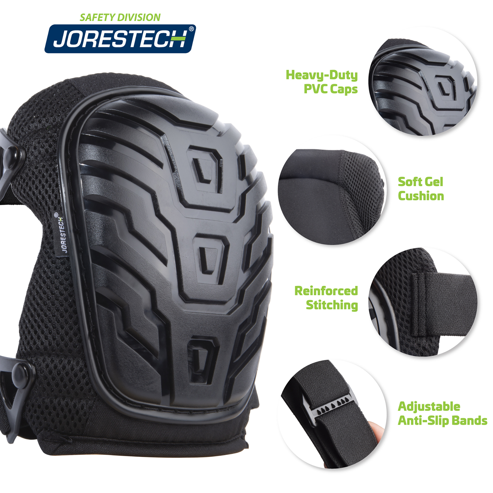 Infographic showing the JORESTECH knee pad and several call outs that read: heavy duty PVC caps, soft gel cushion, reinforced stitching and adjustable anti-slip bands. 