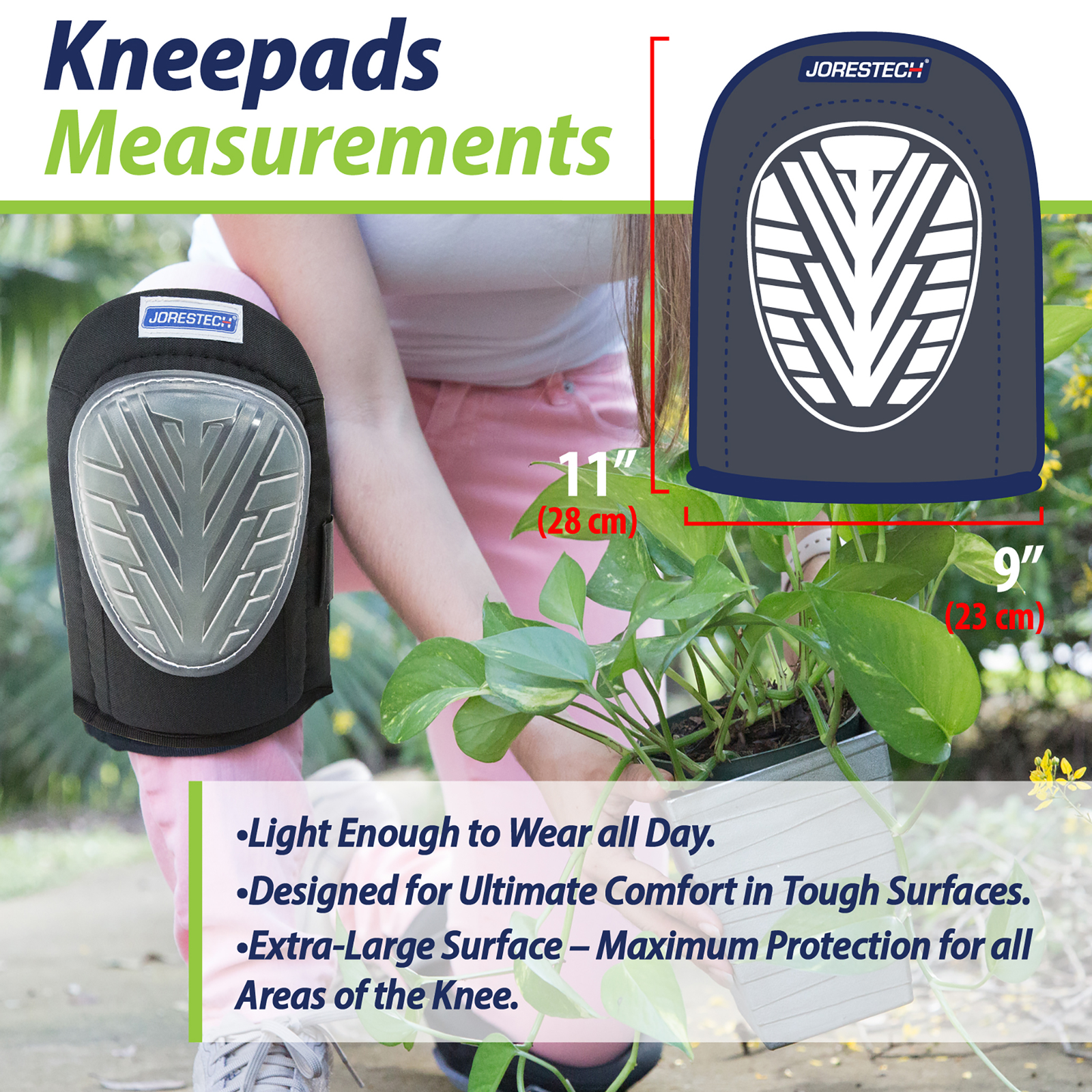 Lady wearing JORESTECH ® knee pads kneeling while doing gardening. Infographic with measurements: 11