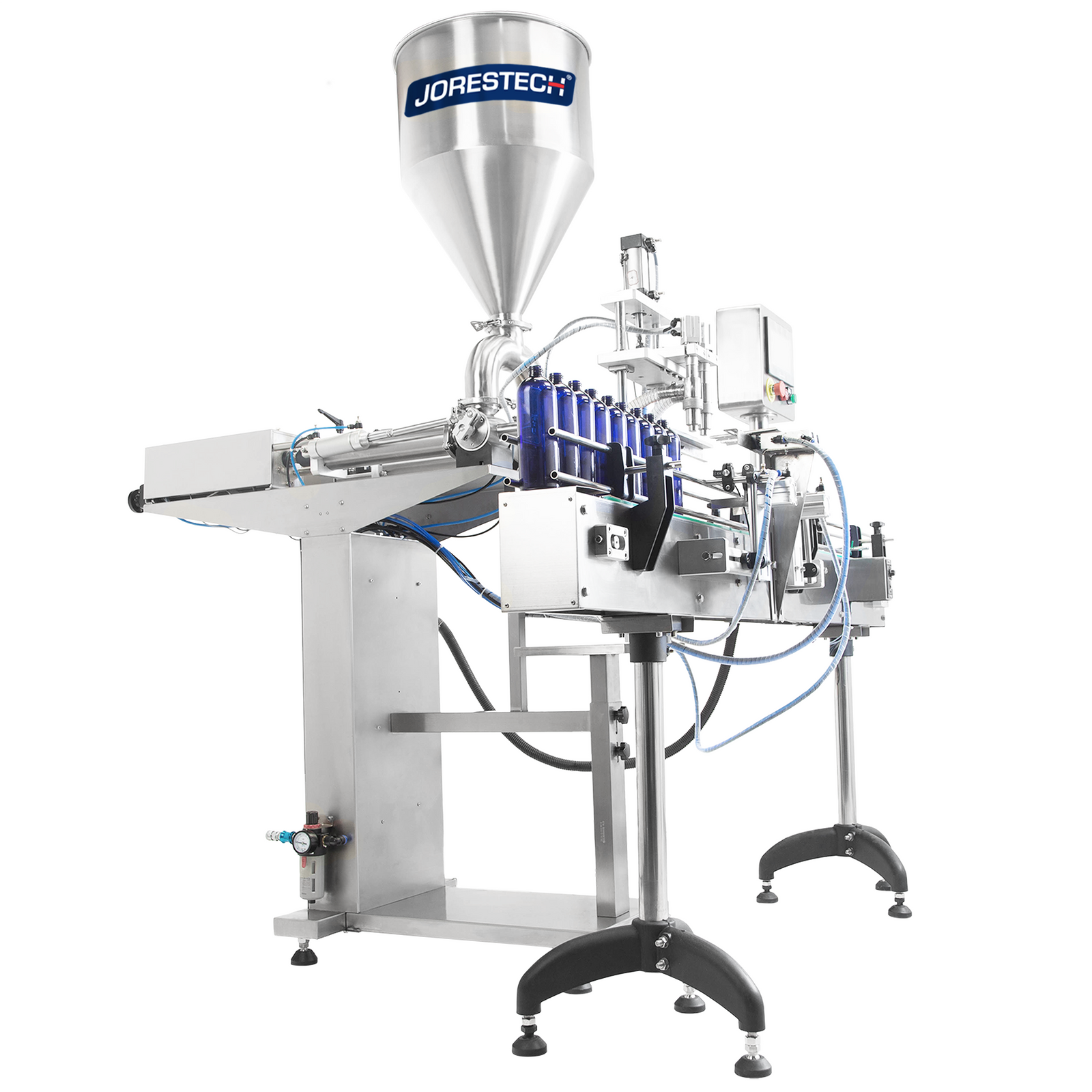 Side view of the JORES TECHNOLOGIES® automatic 2 head Piston Filler in combination with a motorized conveyor. Blue bottles are positioned on top of the conveyor and are being filled with a liquid