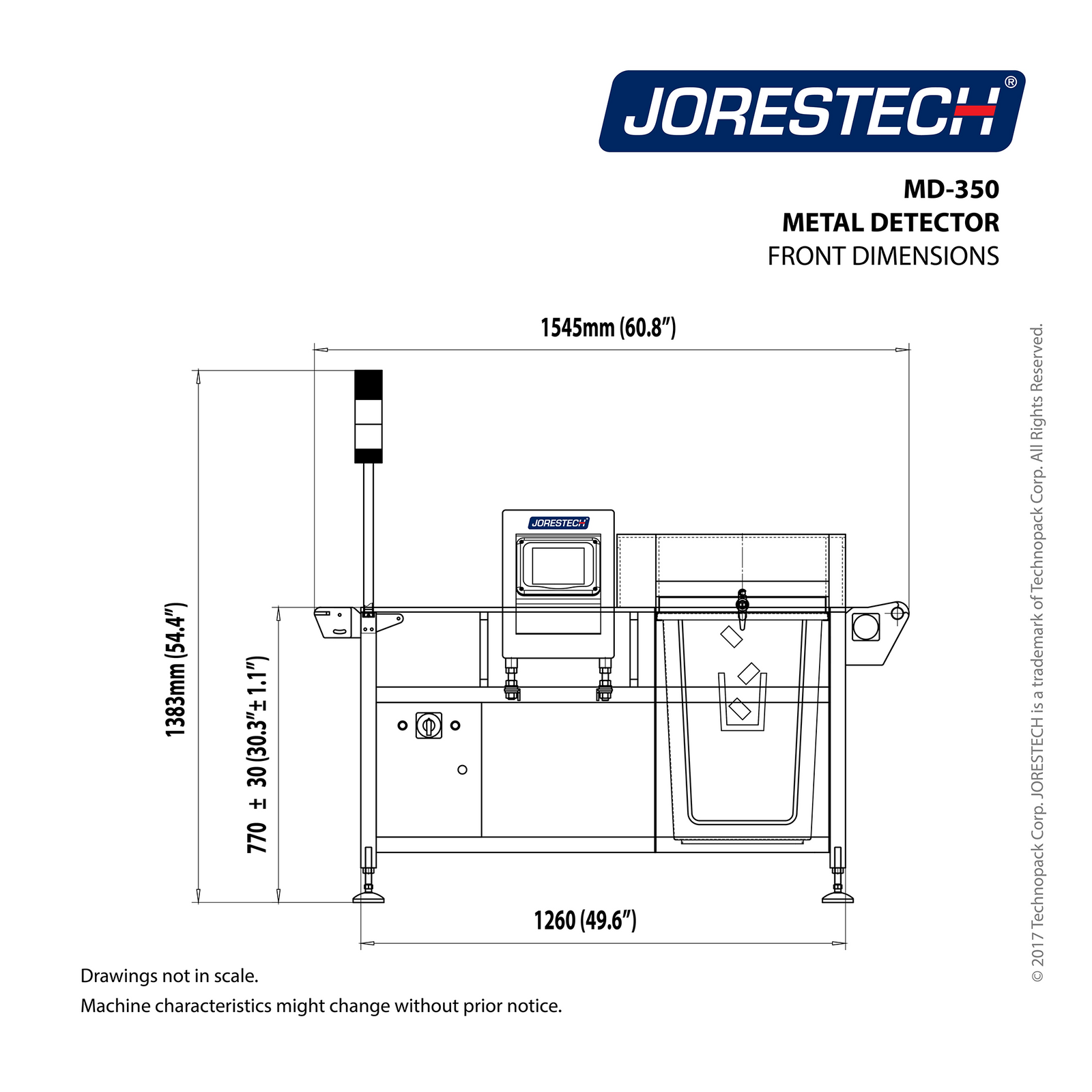 infographic of front dimensions of steel metal detector with white conveyor with blue JORES TECHNOLOGIES® logo