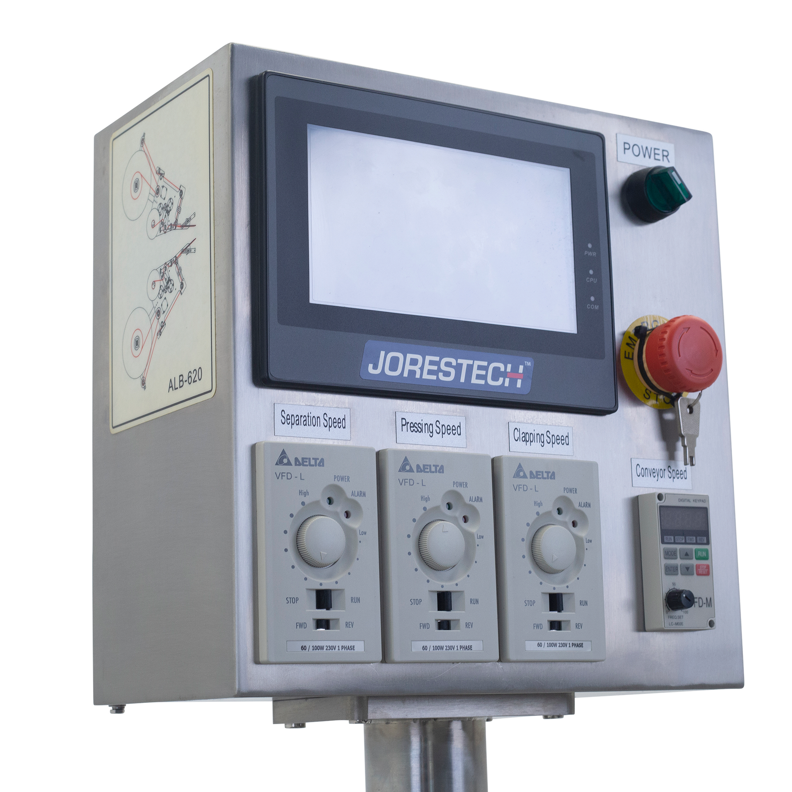 close up on the digital control panel of stainless steel dual automatic label applicator  for flat and oval containers by JORES TECHNOLOGIES®
