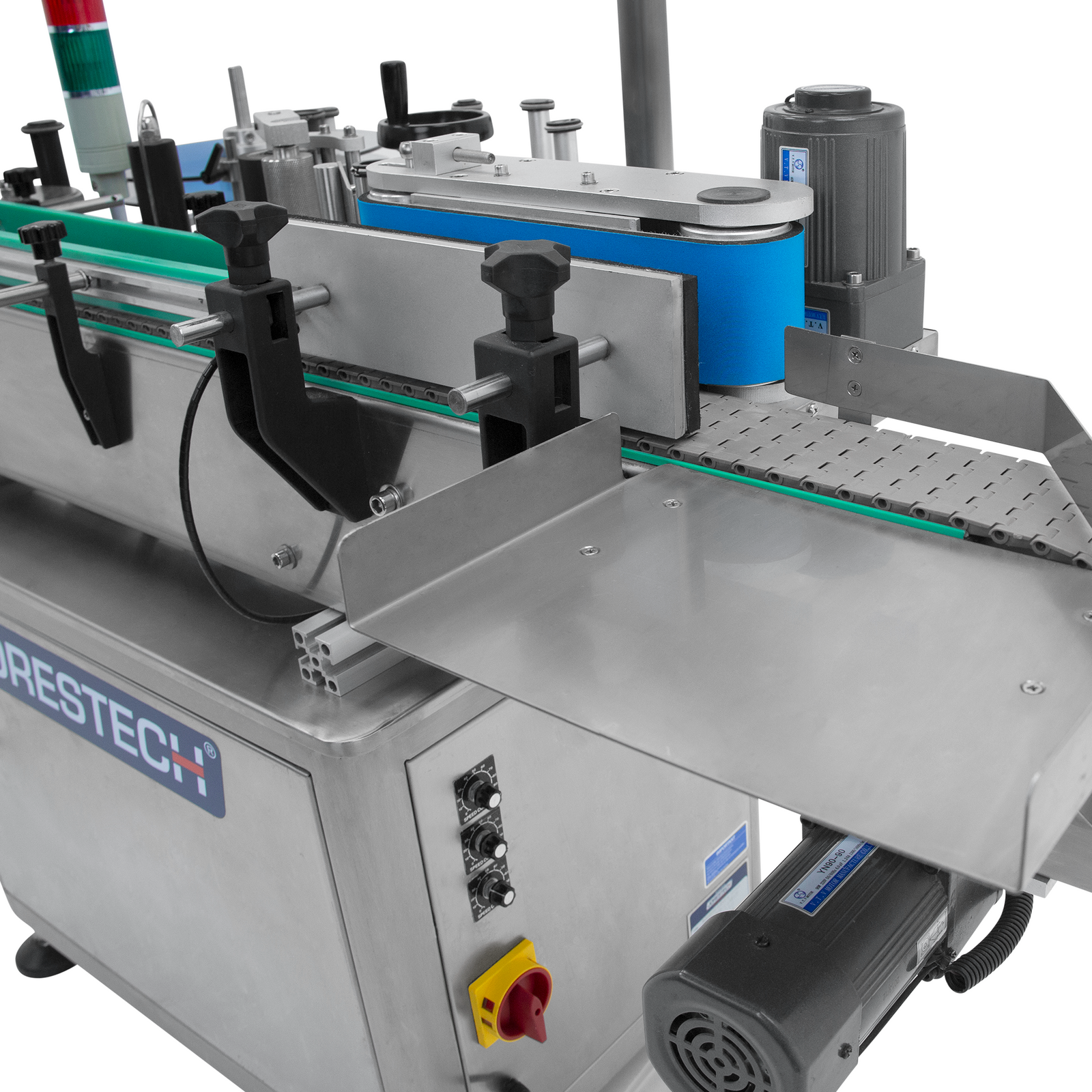 close-up of stainless steel automatic label applicator by JORES TECHNOLOGIES® 