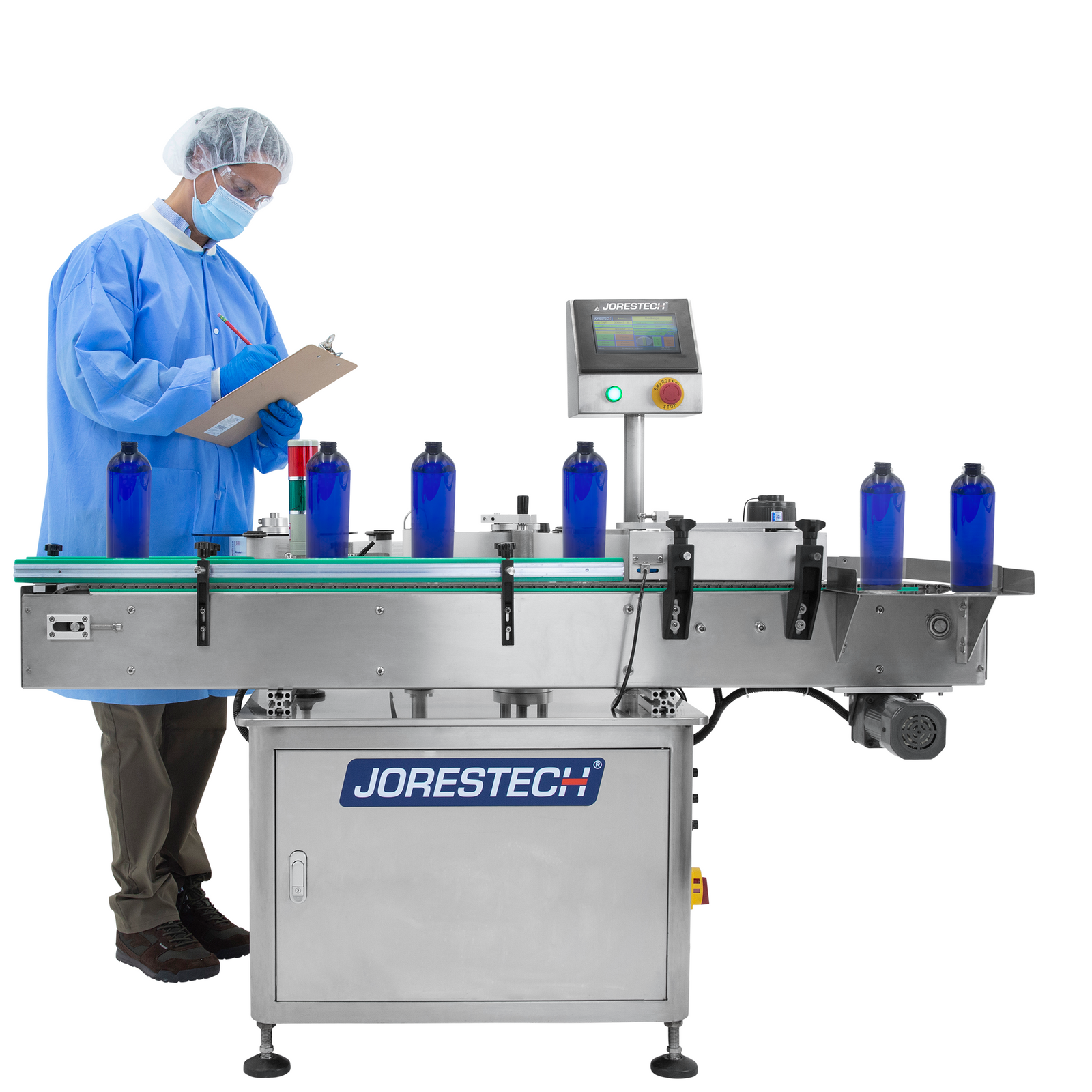 Worker checking a production line using an automatic label applicator to place product labels on blue round containers.