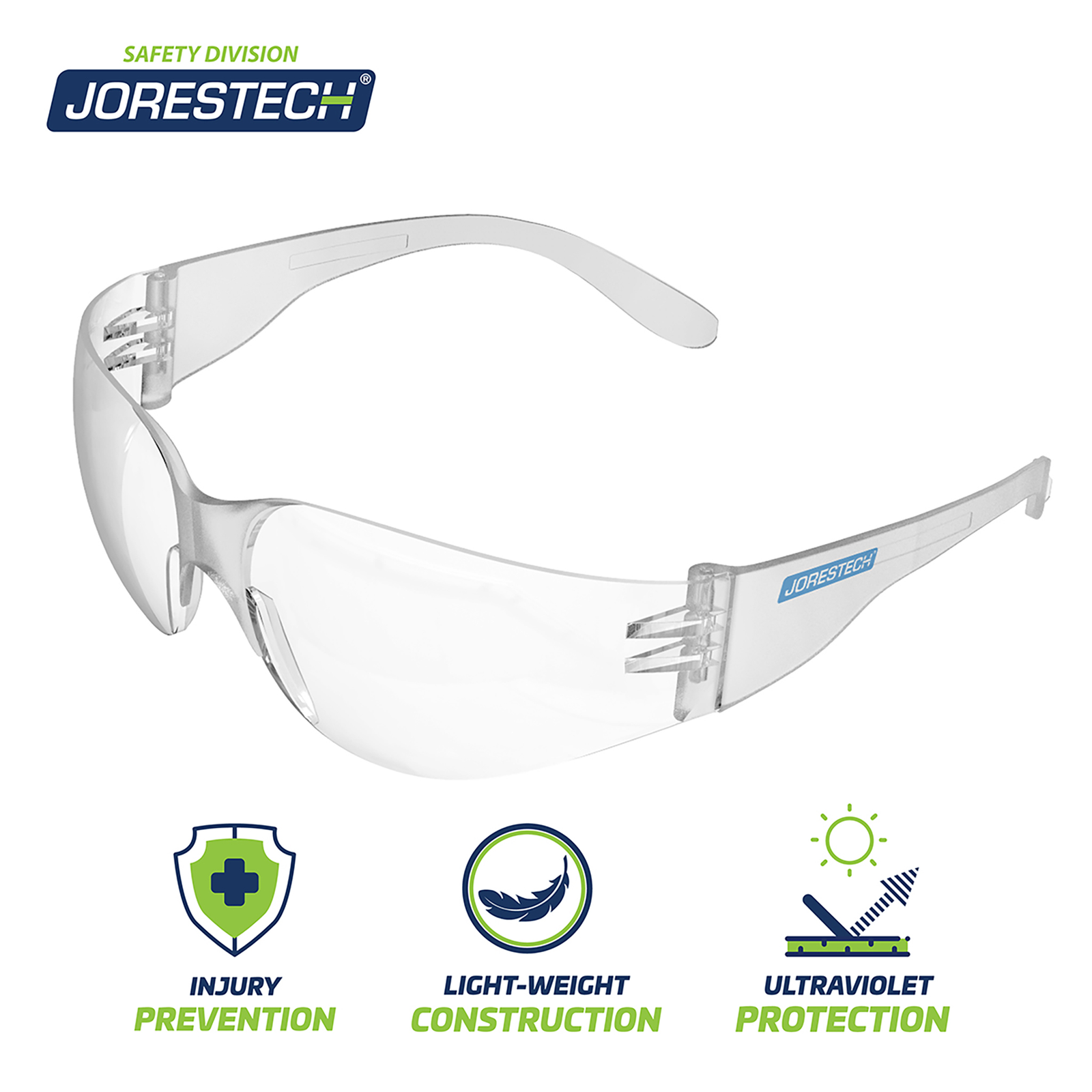 One clear JORESTECH high impact glasses and 3 blue and bright green icons. Icons read: injury prevention, light-weight construction and ultraviolet protection 