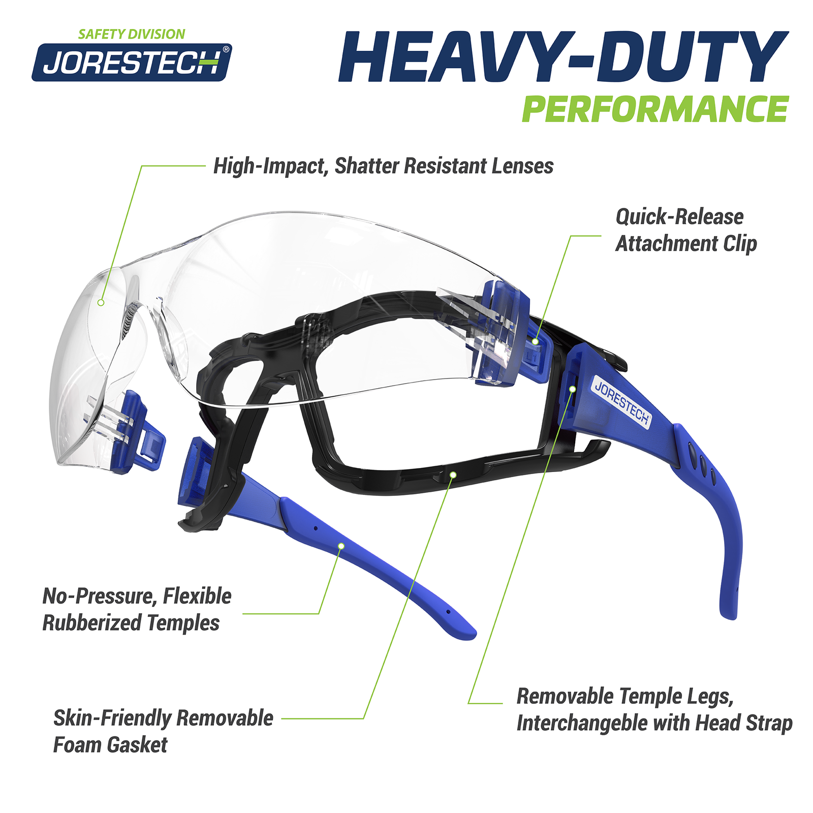 Features  the JORESTECH Blue and clear anti fog high impact safety glasses with removable foam seal gasket and temples. Call out read: High impact shattering resistant lenses, no pressure, flexible rubberized temples, skin friendly removable foam gasket, quick release attachment clip, removable Temple legs, interchangeable with head strap