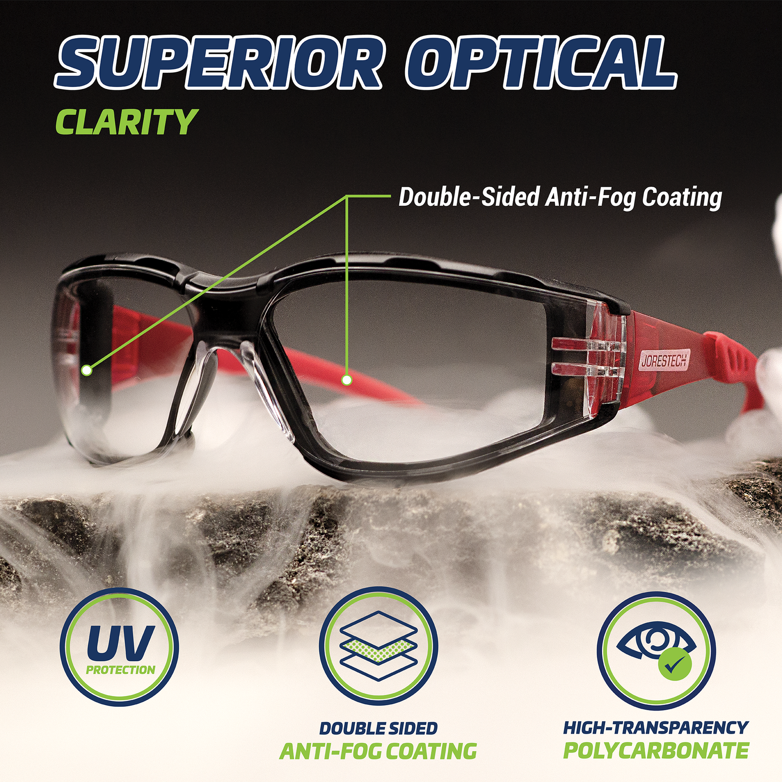 Features the red and clear JORESTECH safety glasses on top of a rock and surrounded by water vapor to show glasses are anti fog. Text reads: superior optical clarity, Double sided anti fog coating, UV protection logo and high transparency logo.