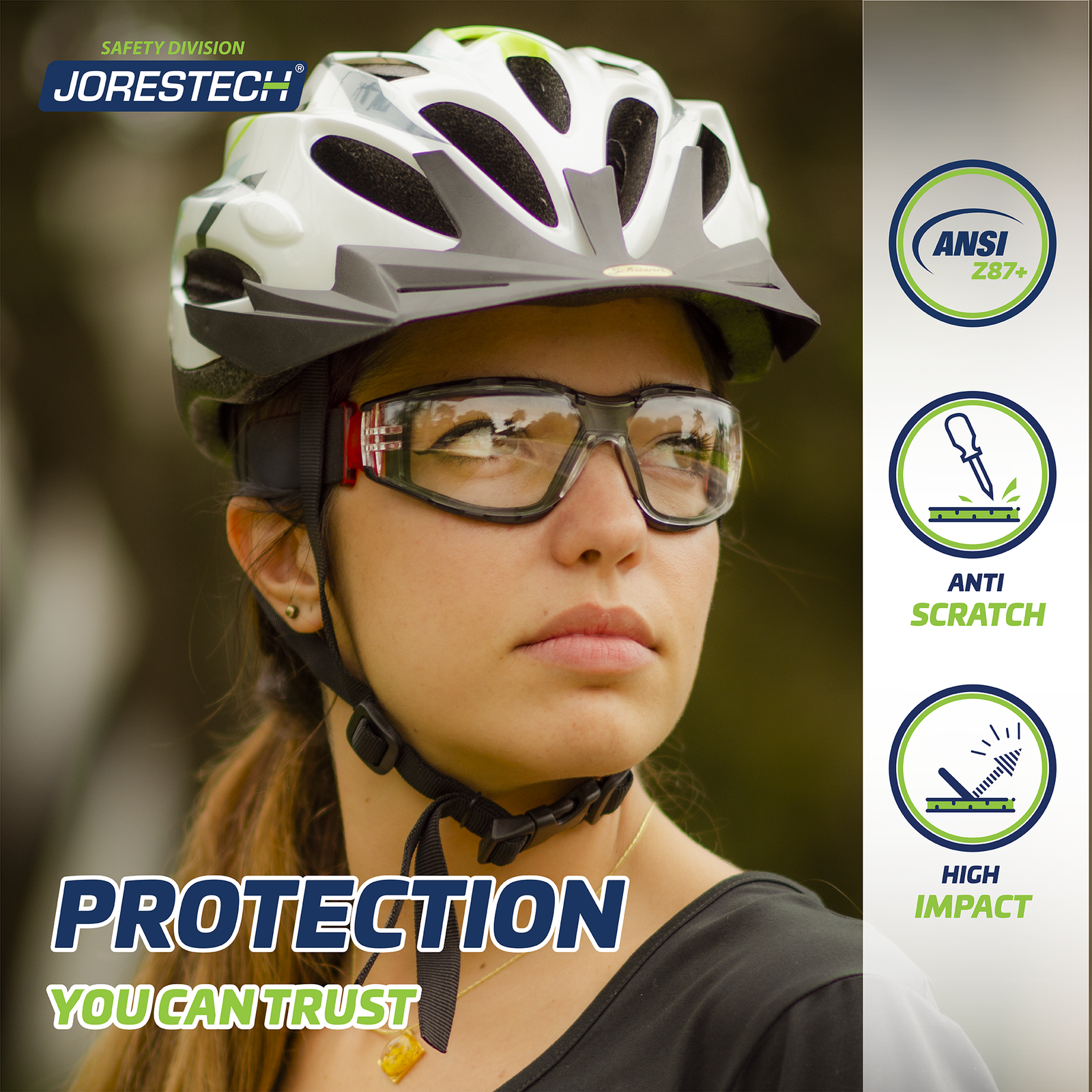Young woman using a bicycle white protective helmet and the JORESTECH Red and clear anti fog safety glasses with the adjustable elastic headband.  