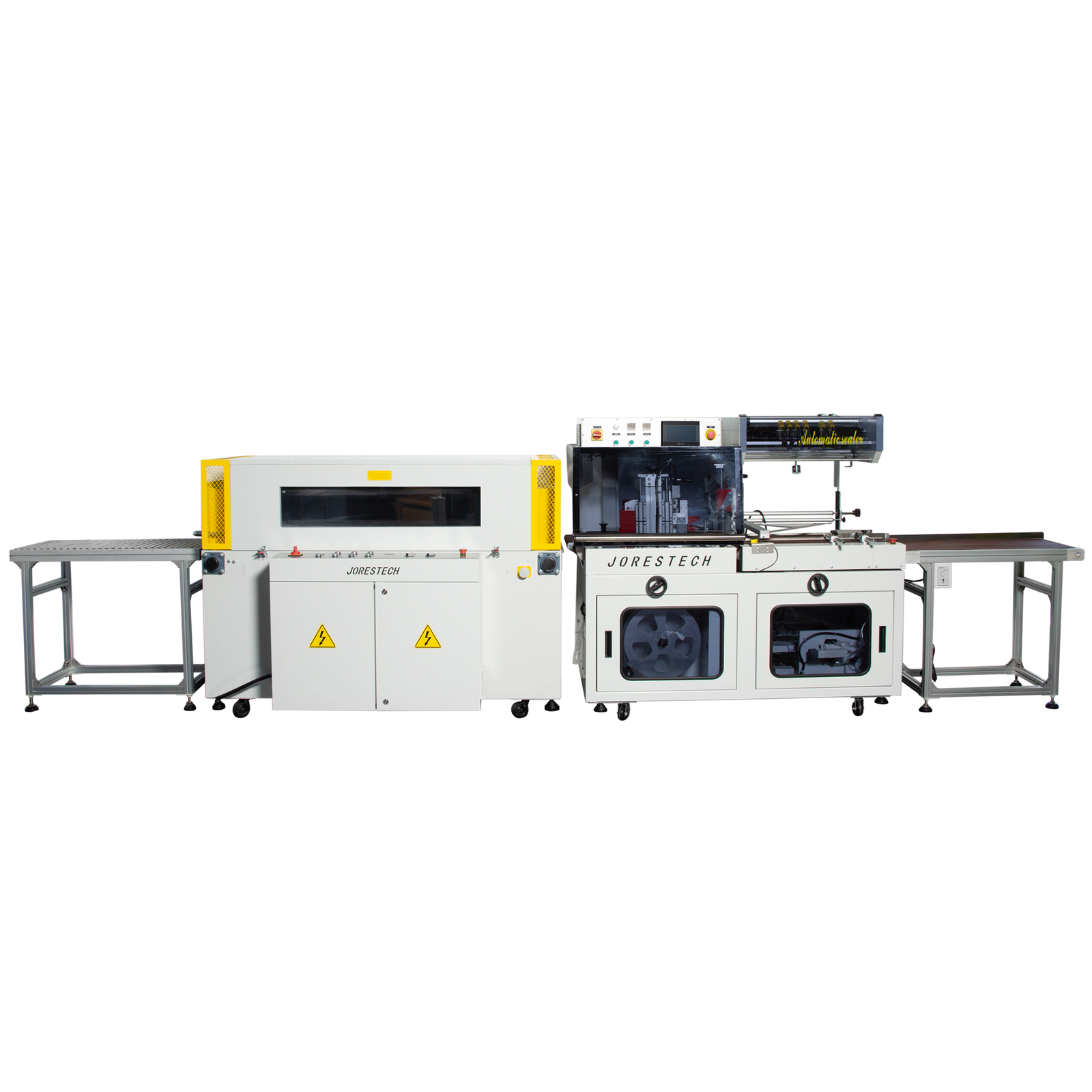 Complete automatic side sealing and shrink system including infeed conveyor, exit conveyor, side seal sealer, and shrink tunnel shown in a frontal view.