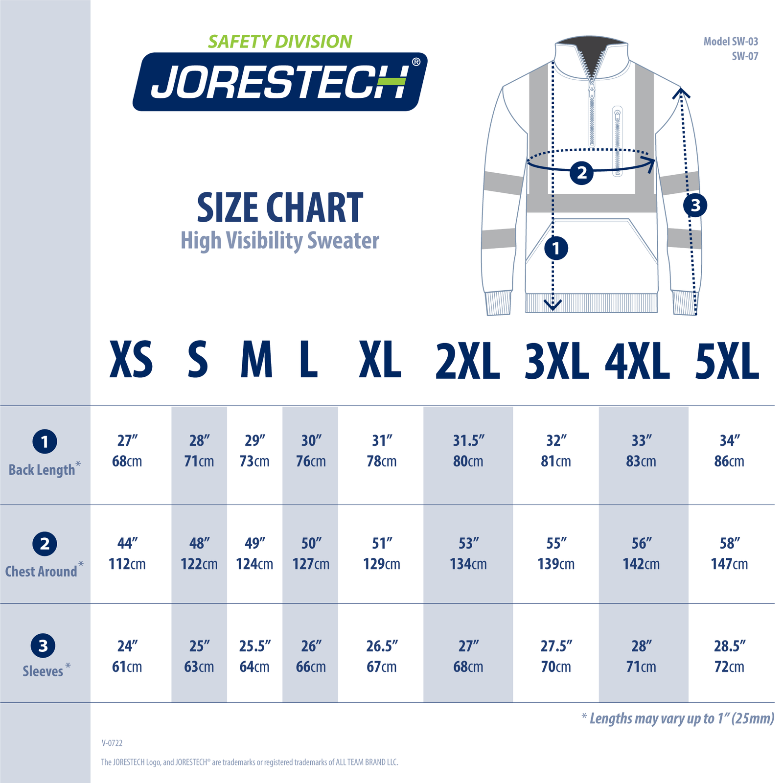 Size chart ANSI safety sweater with reflective stripes and half zipper