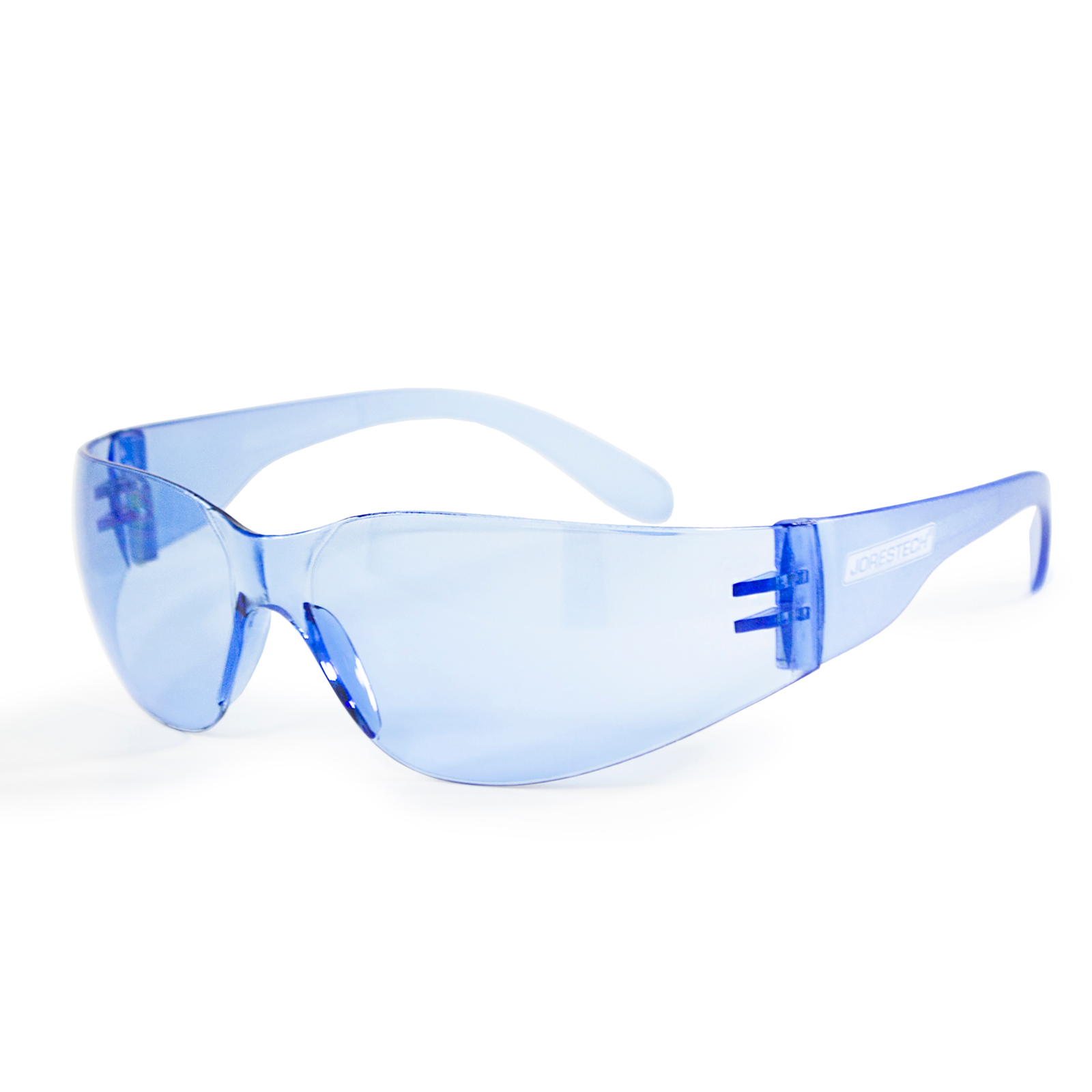 Features one JORESTECH high impact scratch resistant glasses with UV protection blue lenses and blue temples