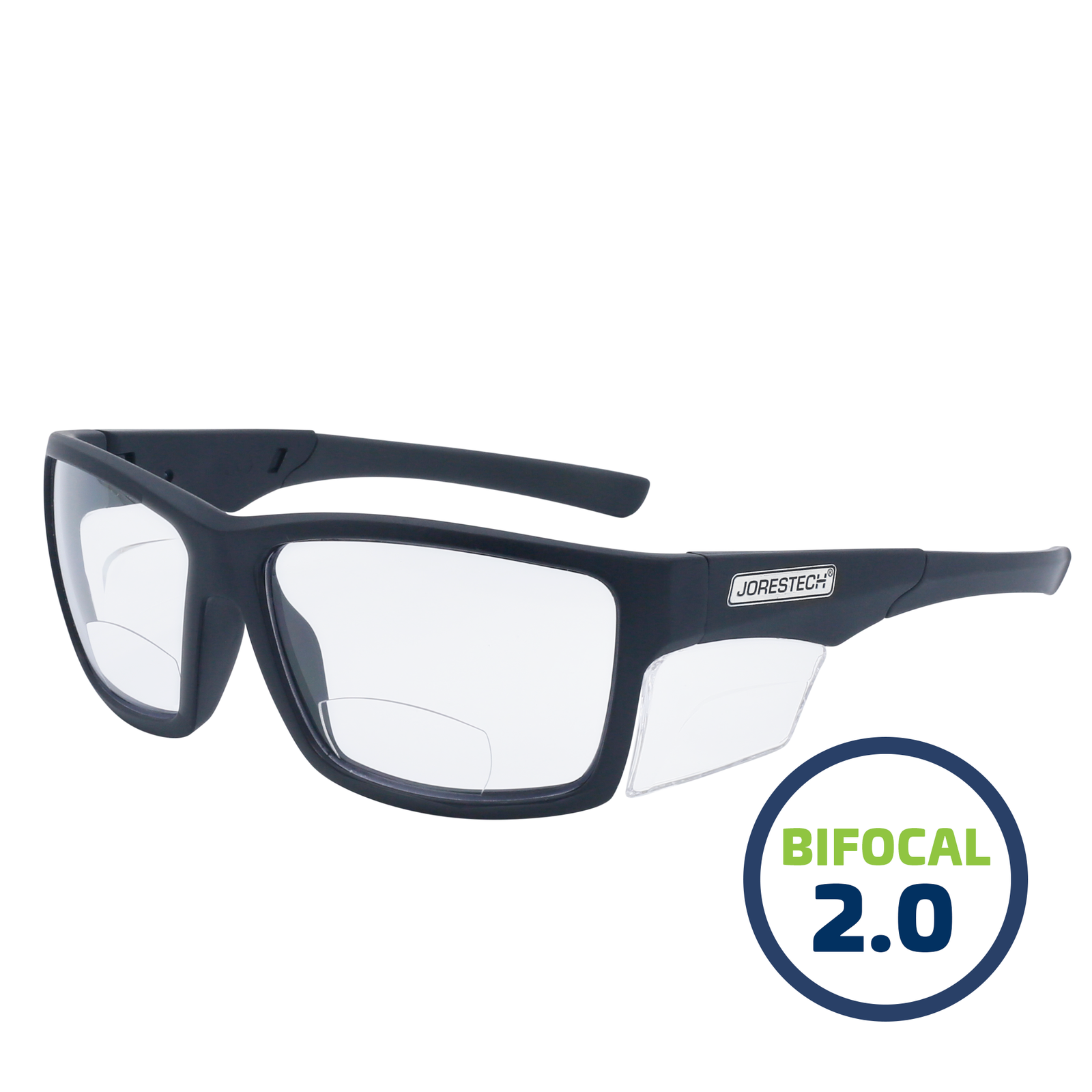 A side view of a bifocal safety reader JORESTECH Glasses with clear side shield for high impact protection. These safety glasses have black frame and clear polycarbonate lenses. In a green and blue drawing it reads bifocal 2.0 over white background
