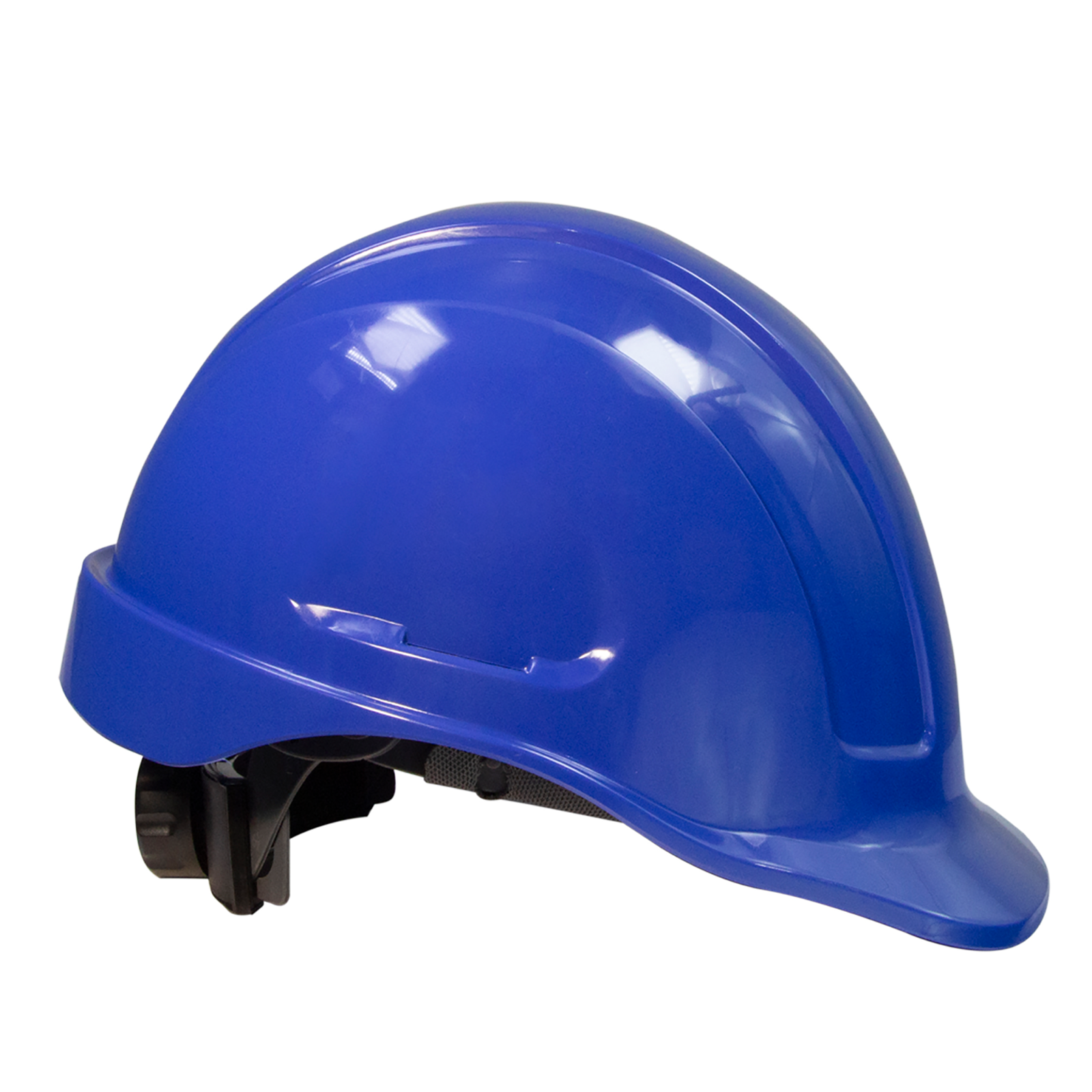 Diagonal view of a blue cap stile safety hard hat with 4 point suspension