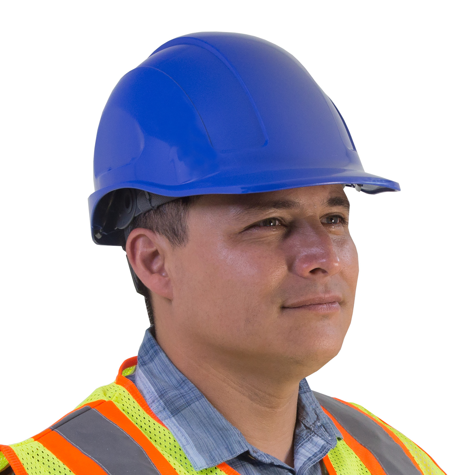 A person wearing a blue cap style JORESTECH safety hard hat