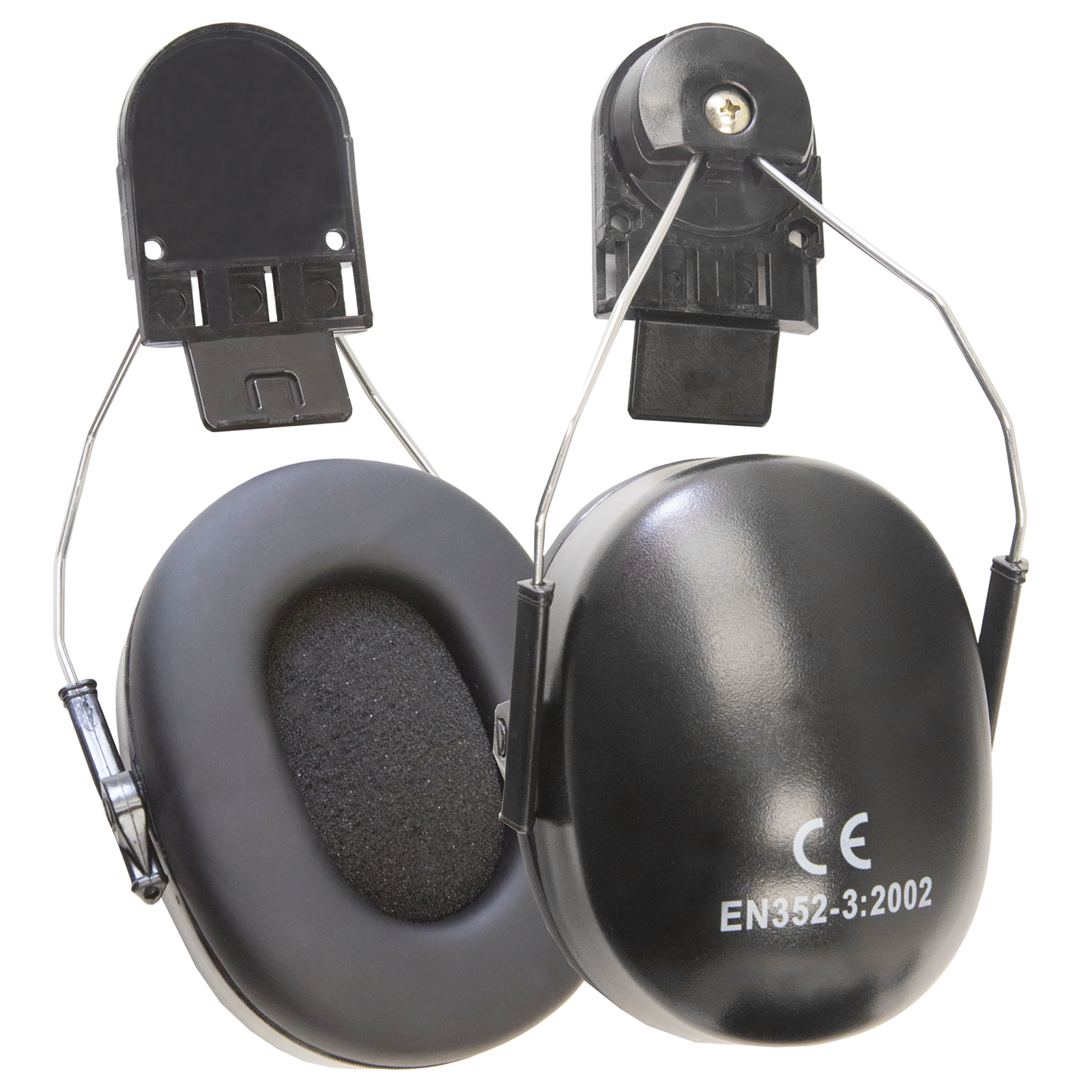 close up of the black JORESTECH padded ear muffs that are part of the hard hat and earmuff bundle