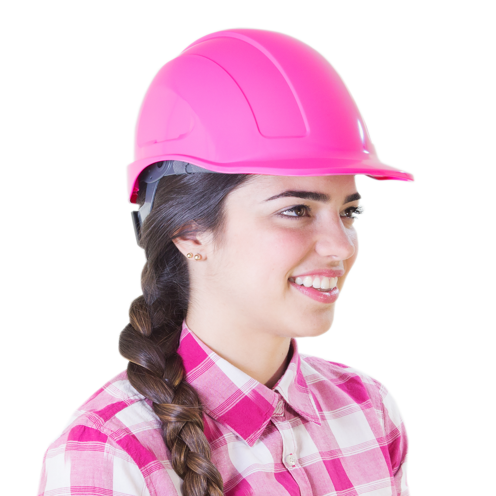 A lady wearing the pink cap style safety hard hat