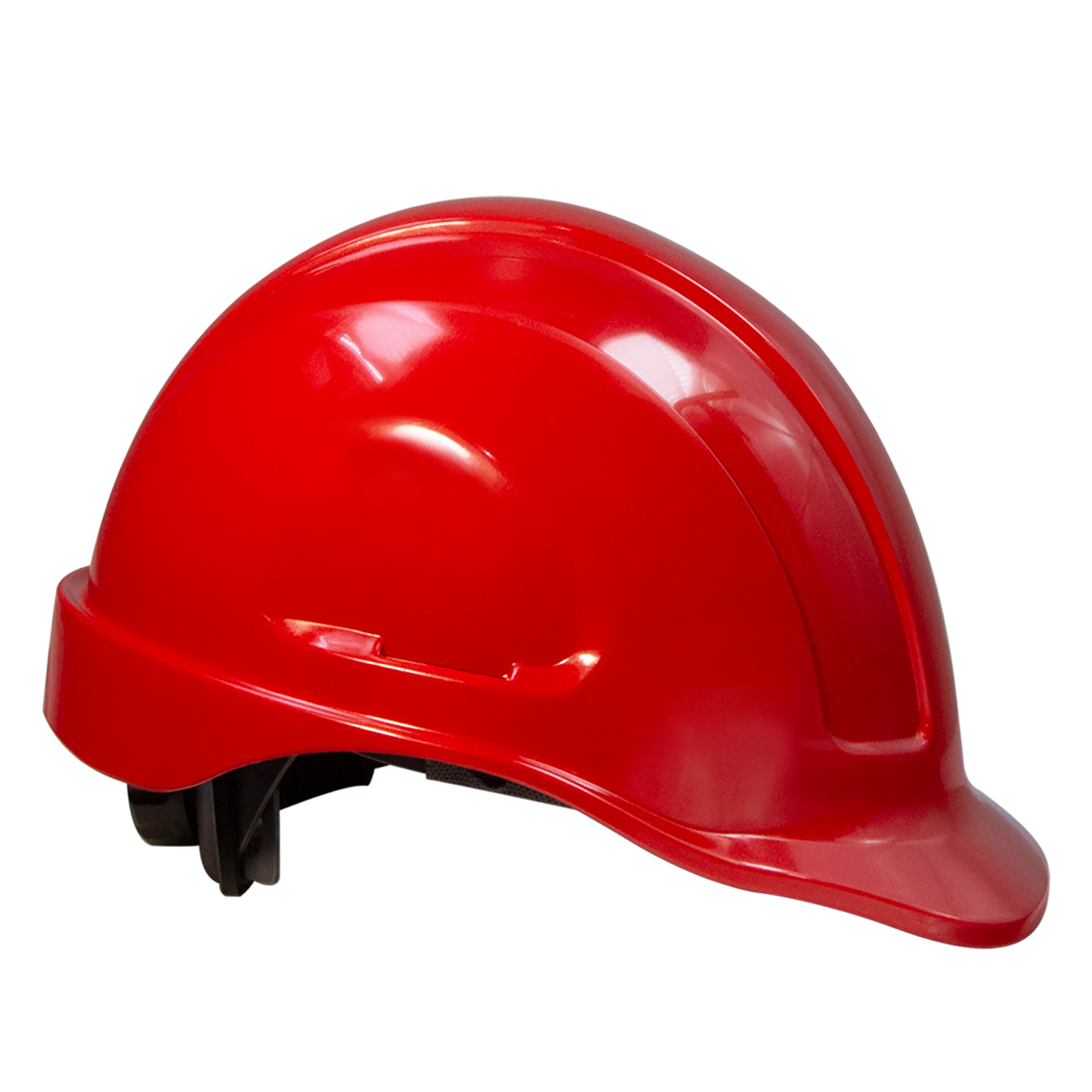 Diagonal view of a red cap stile safety hard hat with 4 point suspension Type I Class C, E,G