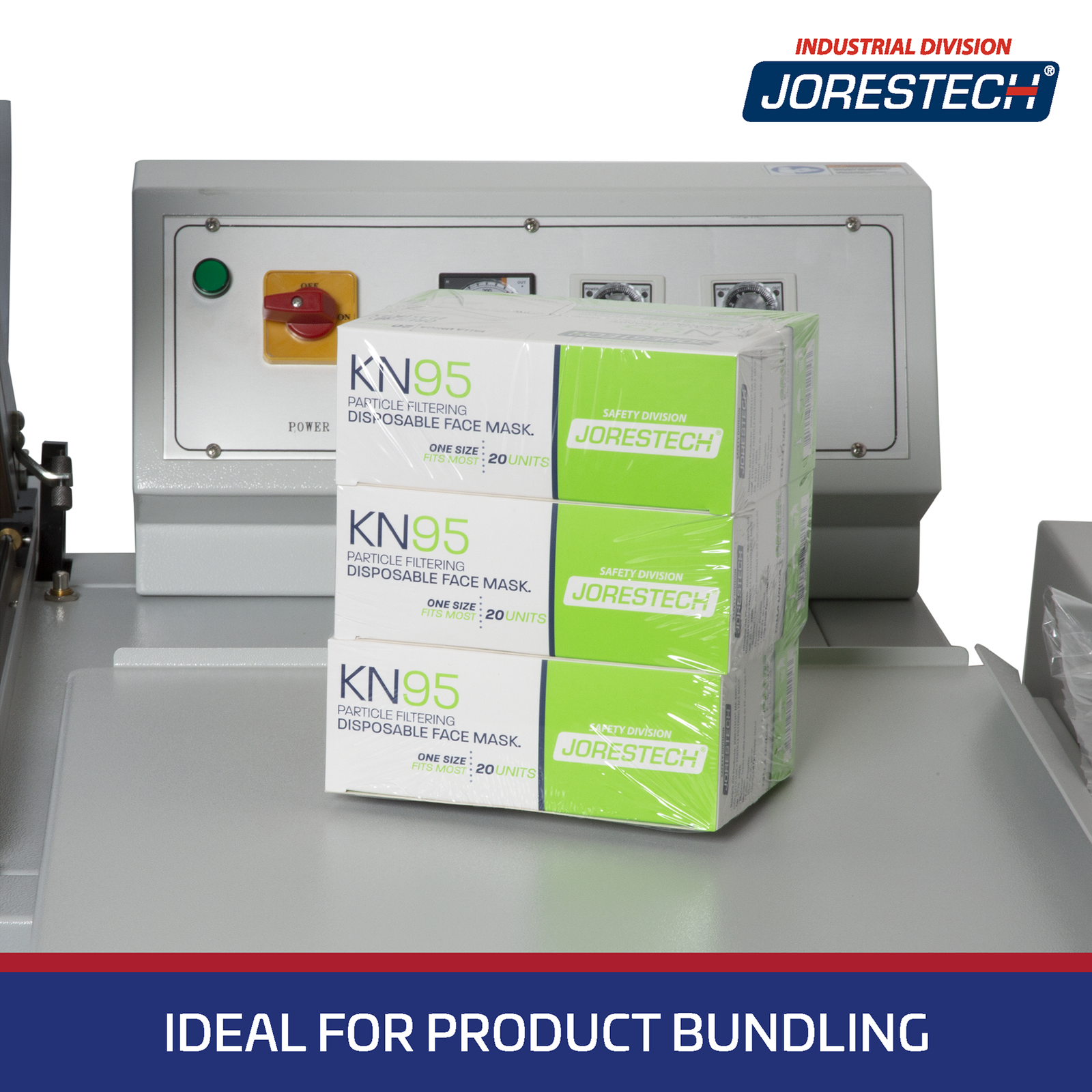 Detail of a bundle of boxes shrink sealed by a JORES TECHNOLOGIES® complete shrink wrapping system. Banner that reads, ideal for product bundling.