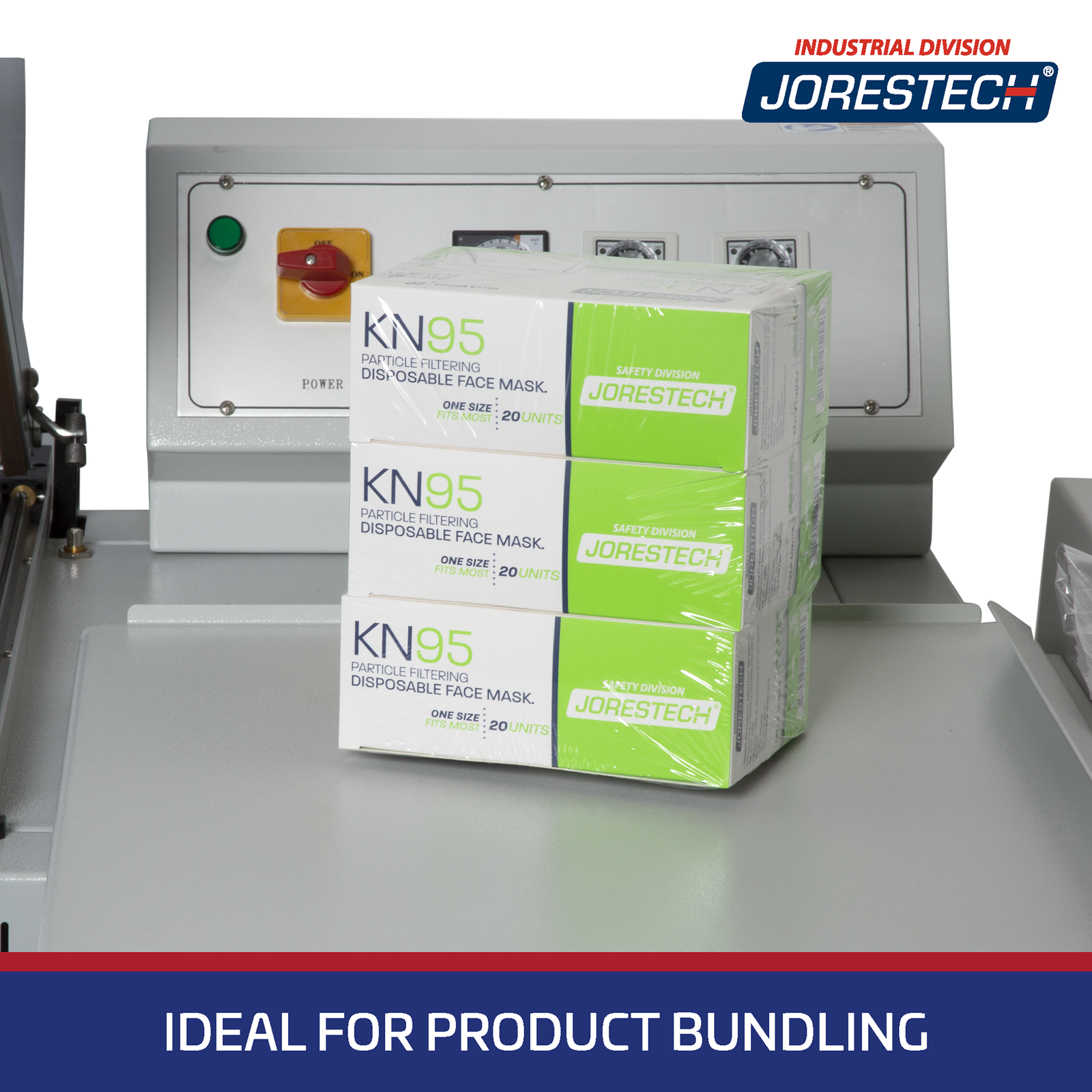 Detail shot of a bundle of protective face mask boxes shrink sealed together by a JORES TECHNOLOGIES® complete shrink wrapping system. Banner that reads, ideal for product bundling. 